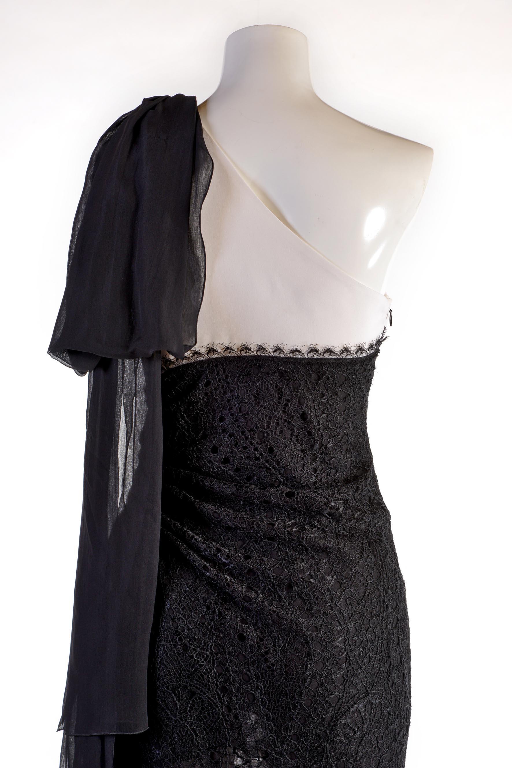 Black EMILIO PUCCI   silk and lace black/white long one shoulder- dress IT 42