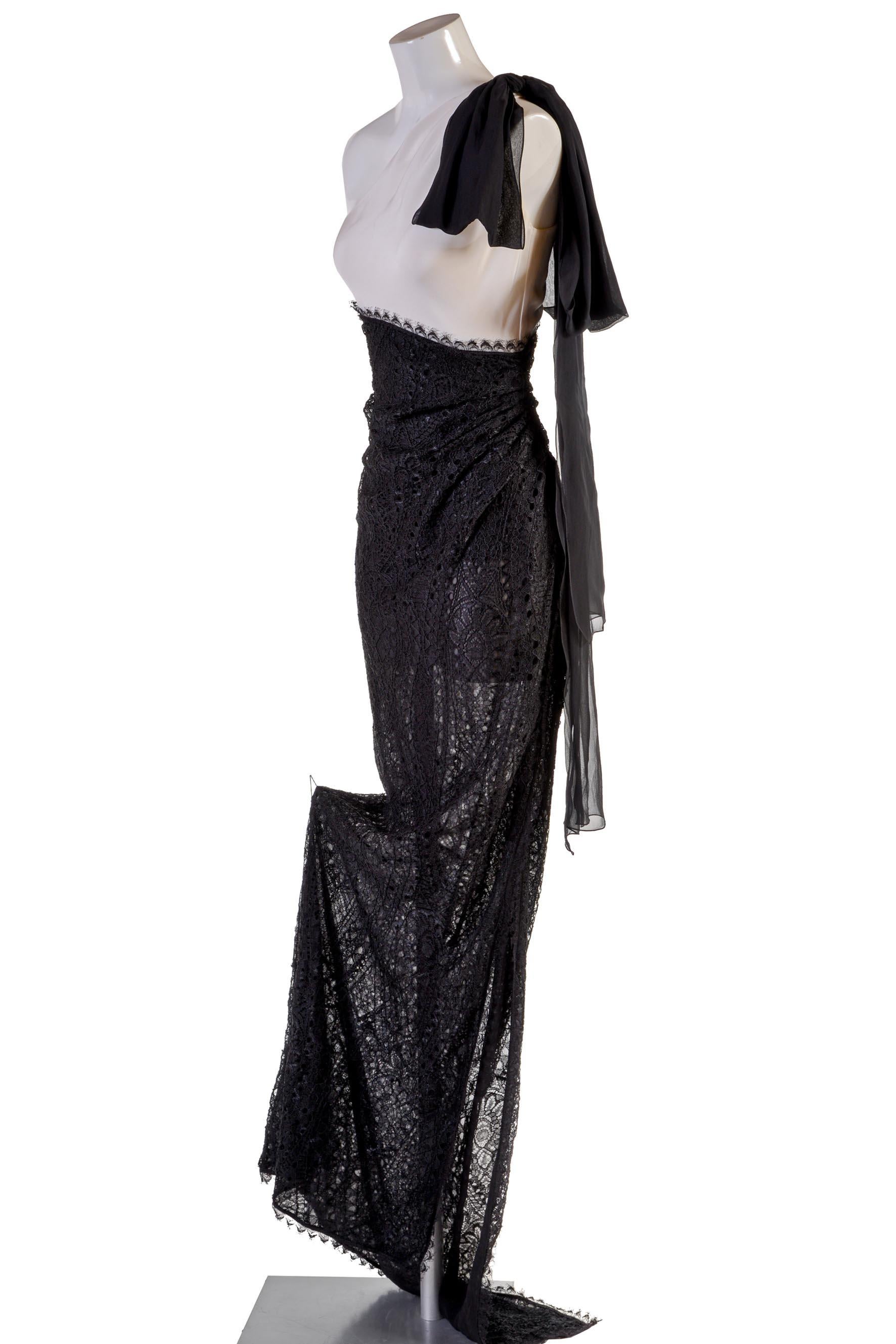 EMILIO PUCCI   silk and lace black/white long one shoulder- dress IT 42 In Excellent Condition In Rubiera, RE