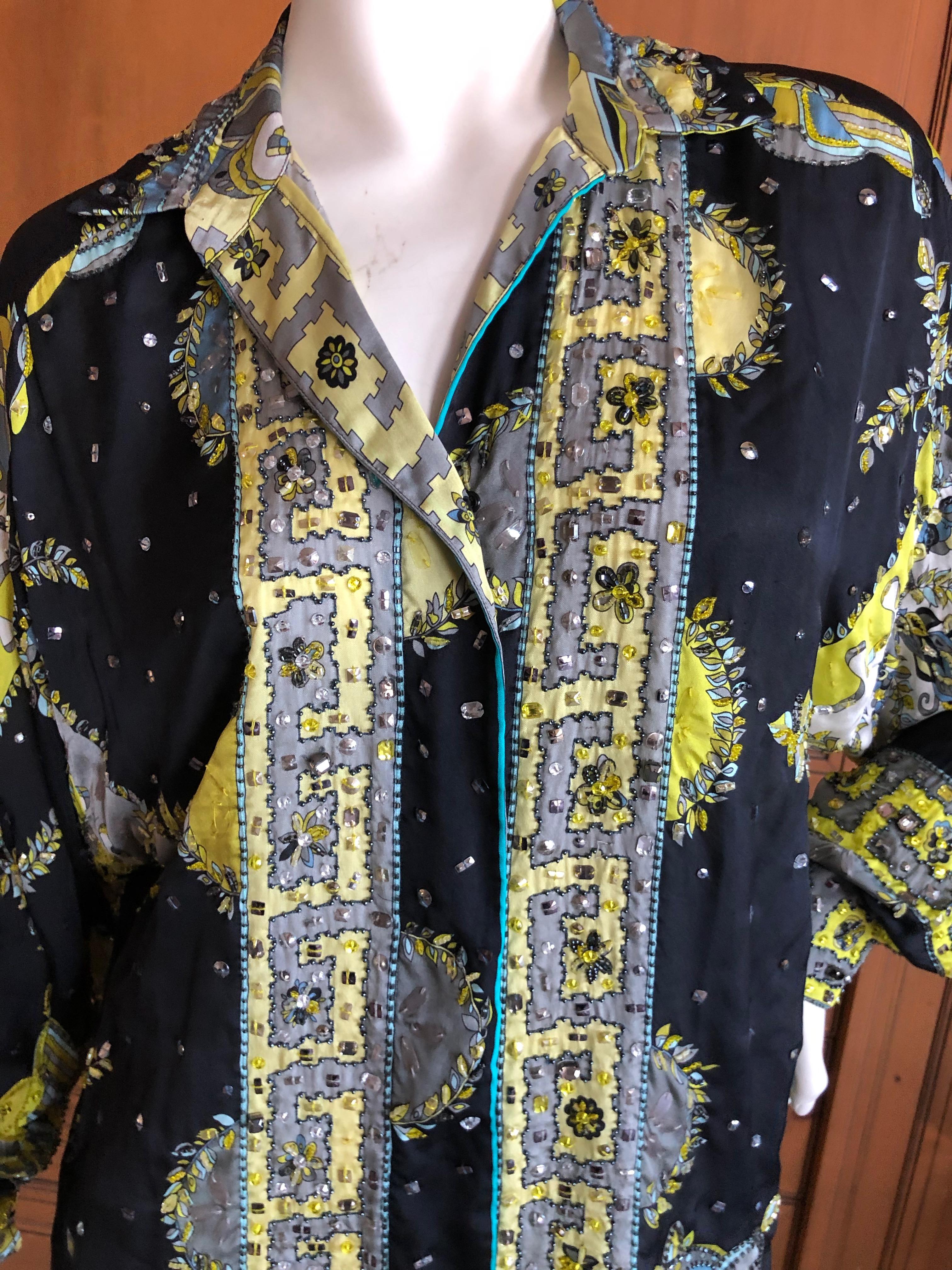 Emilio Pucci Remarkable Silk Bead and Crystal Embellished Top
WOW 
Rare to see an embellished Pucci top, this is unreal.
Will fit a man too. I am a size 42 man and it fit snugly
Size 
Bust / Chest  46