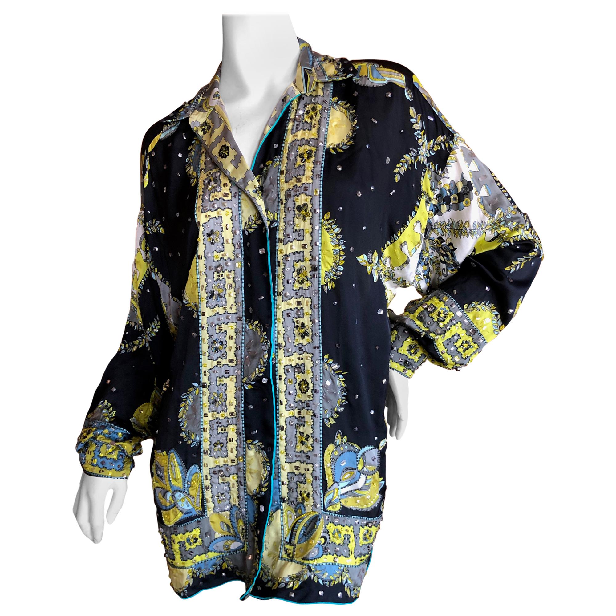 Emilio Pucci Silk Bead and Crystal Embellished Blouse Large Unisex For Sale