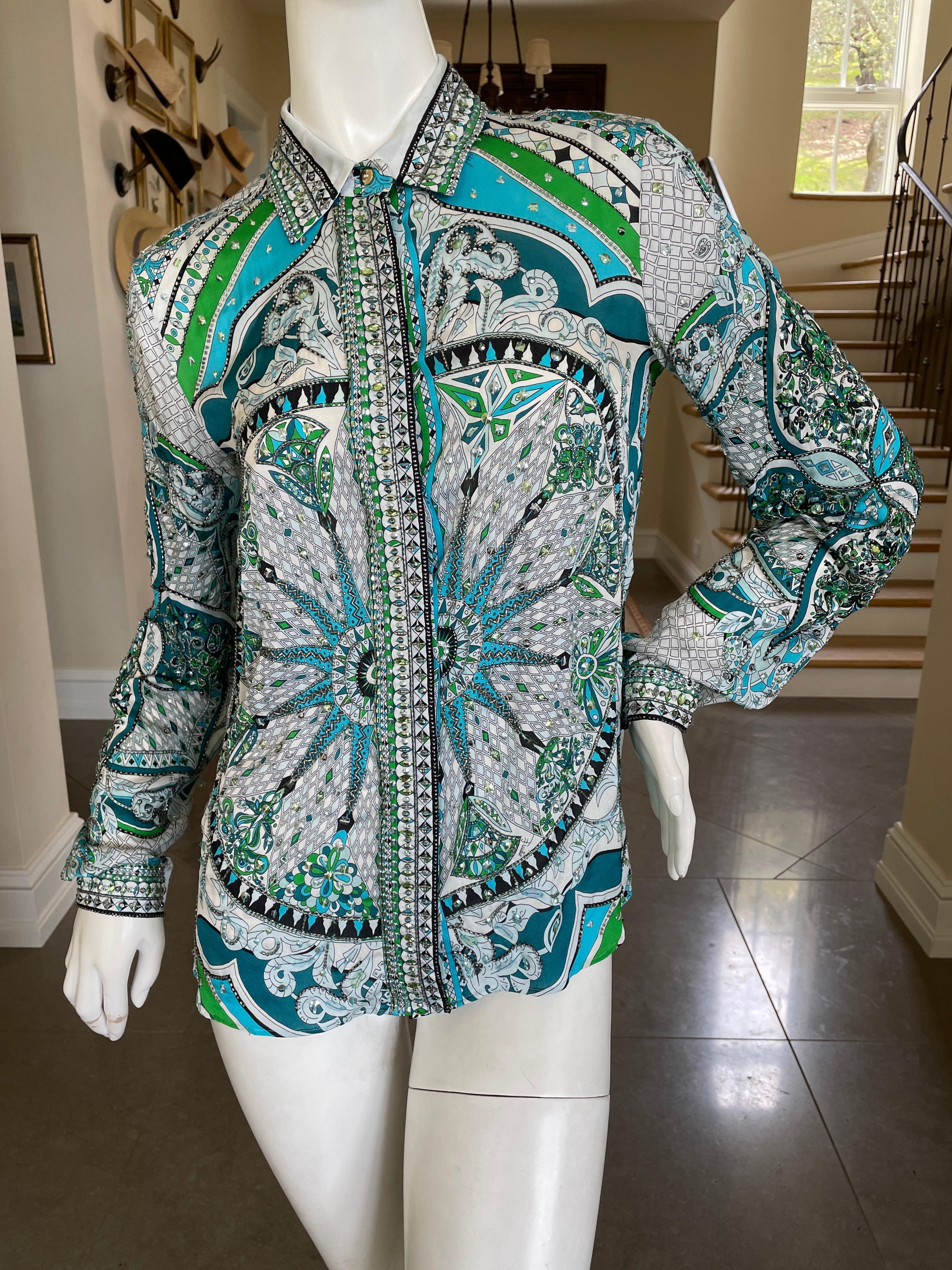Emilio Pucci Remarkable Silk Bead and Crystal Embellished Top
WOW 
Rare to see an embellished Pucci top, this is unreal.
Will fit a man too. I am a size 42 man and it fit snugly
Size 4
Bust / Chest  36