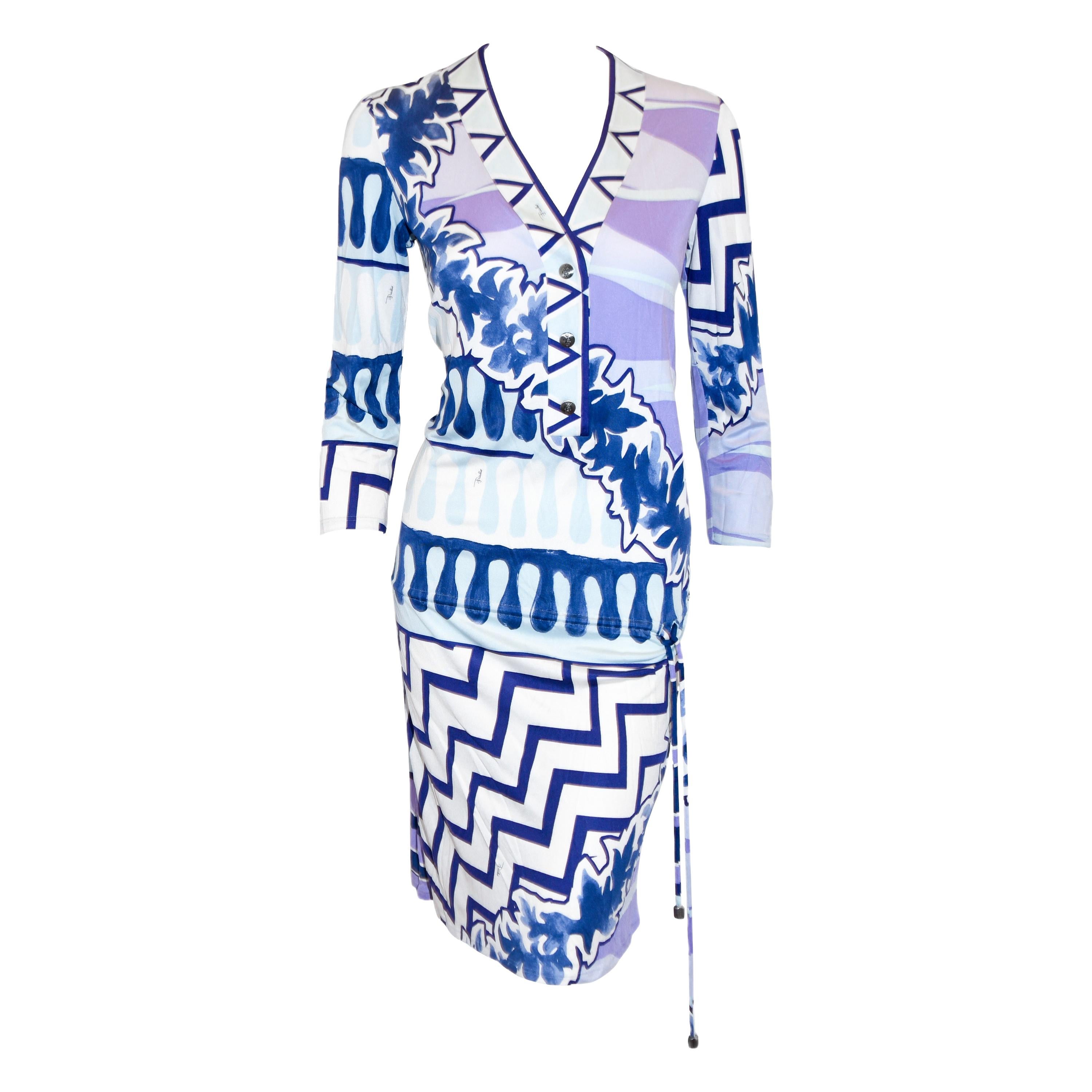 Emilio  Pucci Silk Blue, Lavender & White Blouson Style Dress With Drawstring For Sale