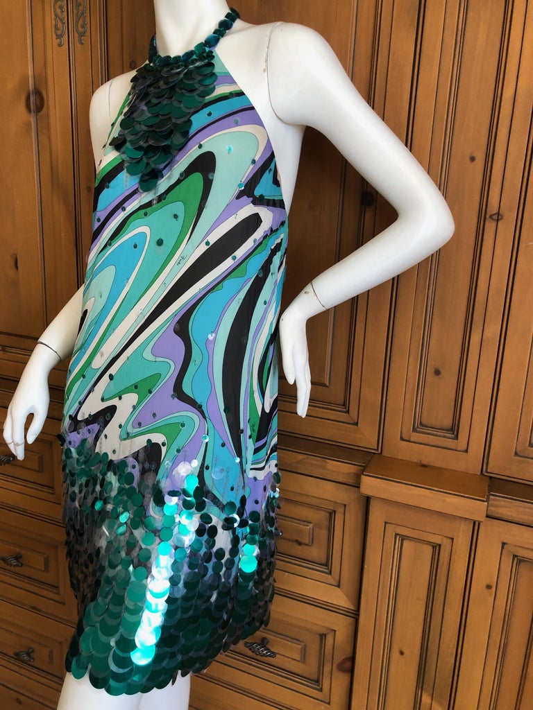 Emilio Pucci Silk Halter Cocktail Dress with Fish Scale Sequin Details at 1stDibs | fish scale sequin dress Emilio Pucci Silk Halter Cocktail Dress with Fish Scale Sequin Details at 1stDibs | fish scale sequin dress