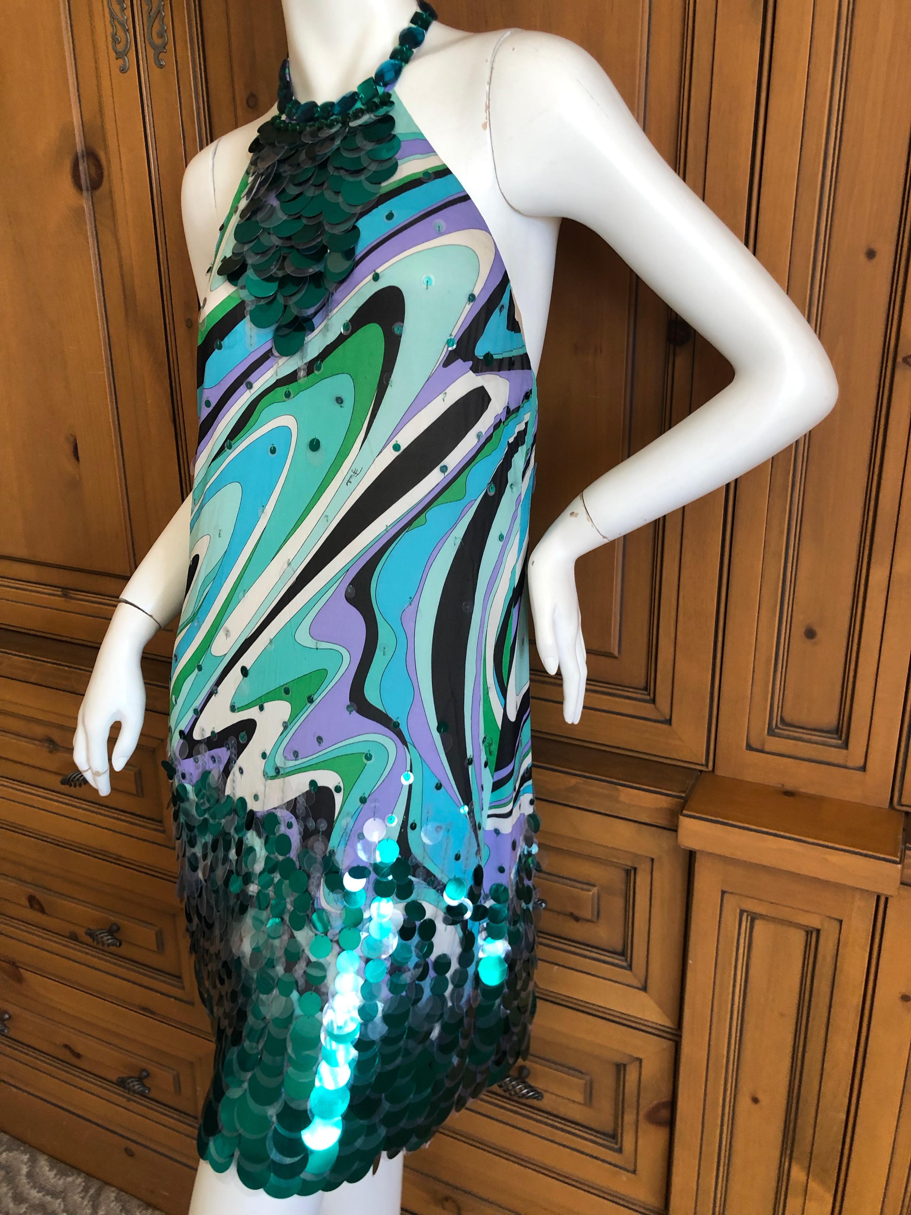 Blue Emilio Pucci Silk Halter Cocktail Dress with Fish Scale Sequin Details