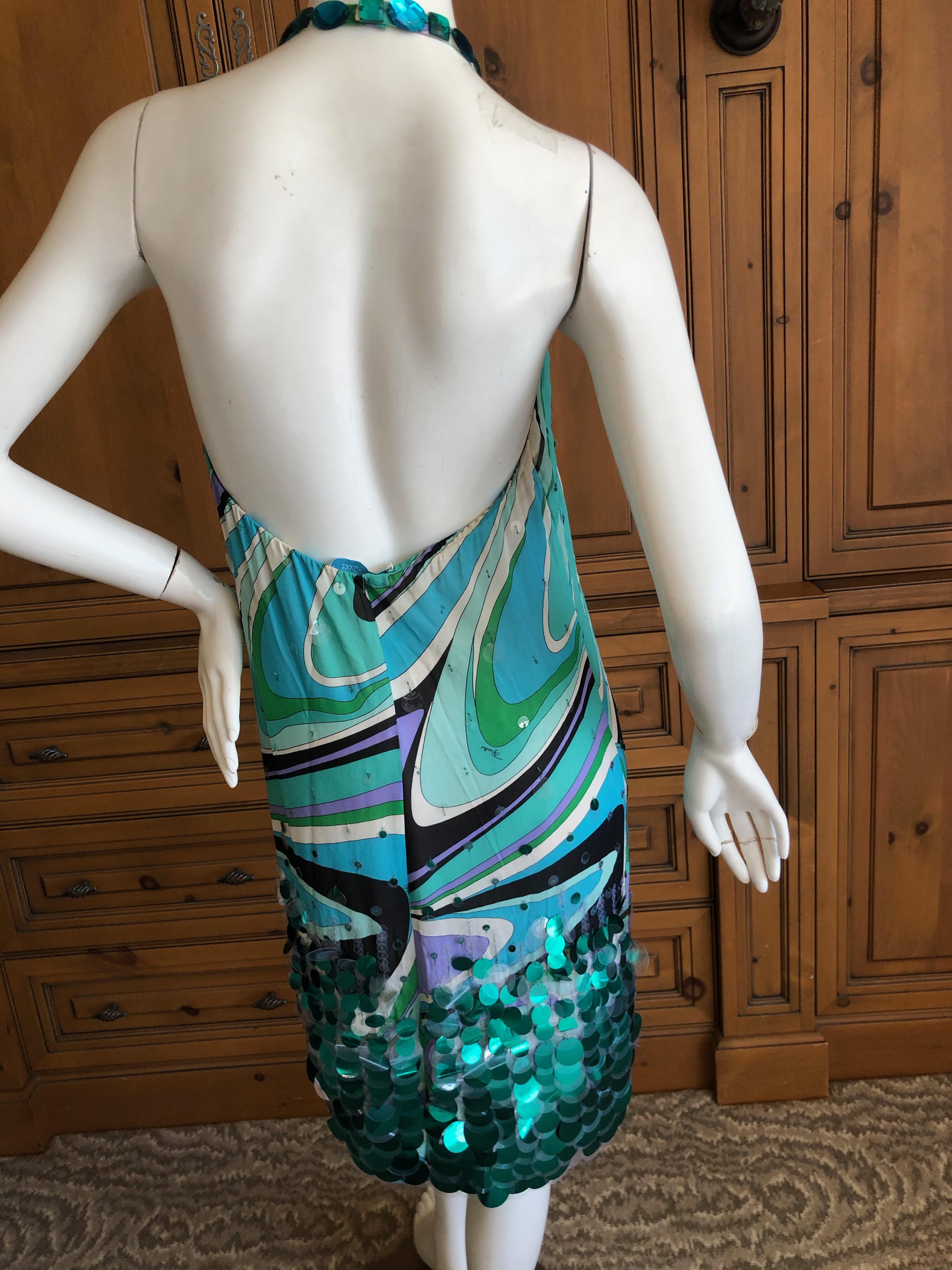 Emilio Pucci Silk Halter Cocktail Dress with Fish Scale Sequin Details In Good Condition In Cloverdale, CA