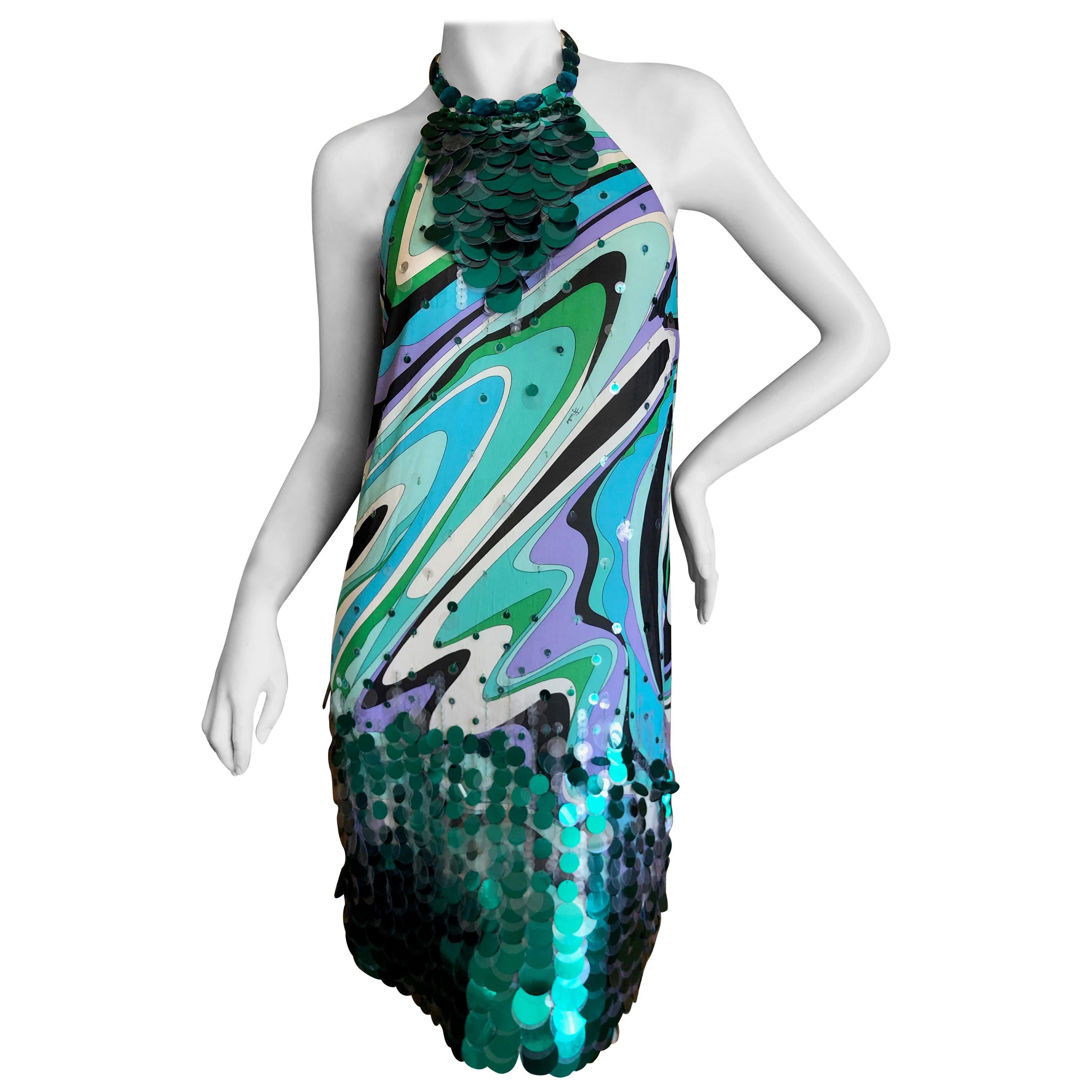 Emilio Pucci Silk Halter Cocktail Dress with Fish Scale Sequin Details