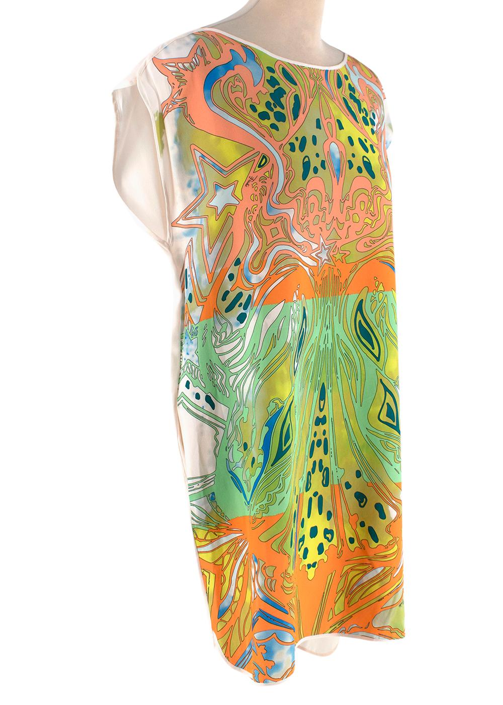 Emilio Pucci Silk Ivory & Orange/Lime Green Abstract Front Print Tunic 

- Signature abstract print to the front in vivid orange, coral and lime green hues
- Boat neckline
- Semi-sheer ivory back
- Curved hem
- Two inseam