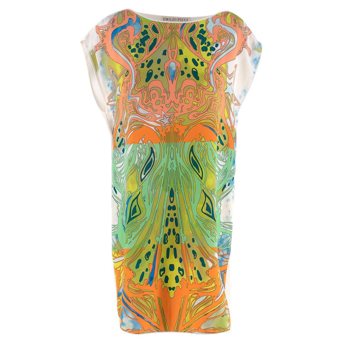 Emilio Pucci Silk Ivory & Orange/Lime Green Abstract Print Tunic - US 4 For Sale