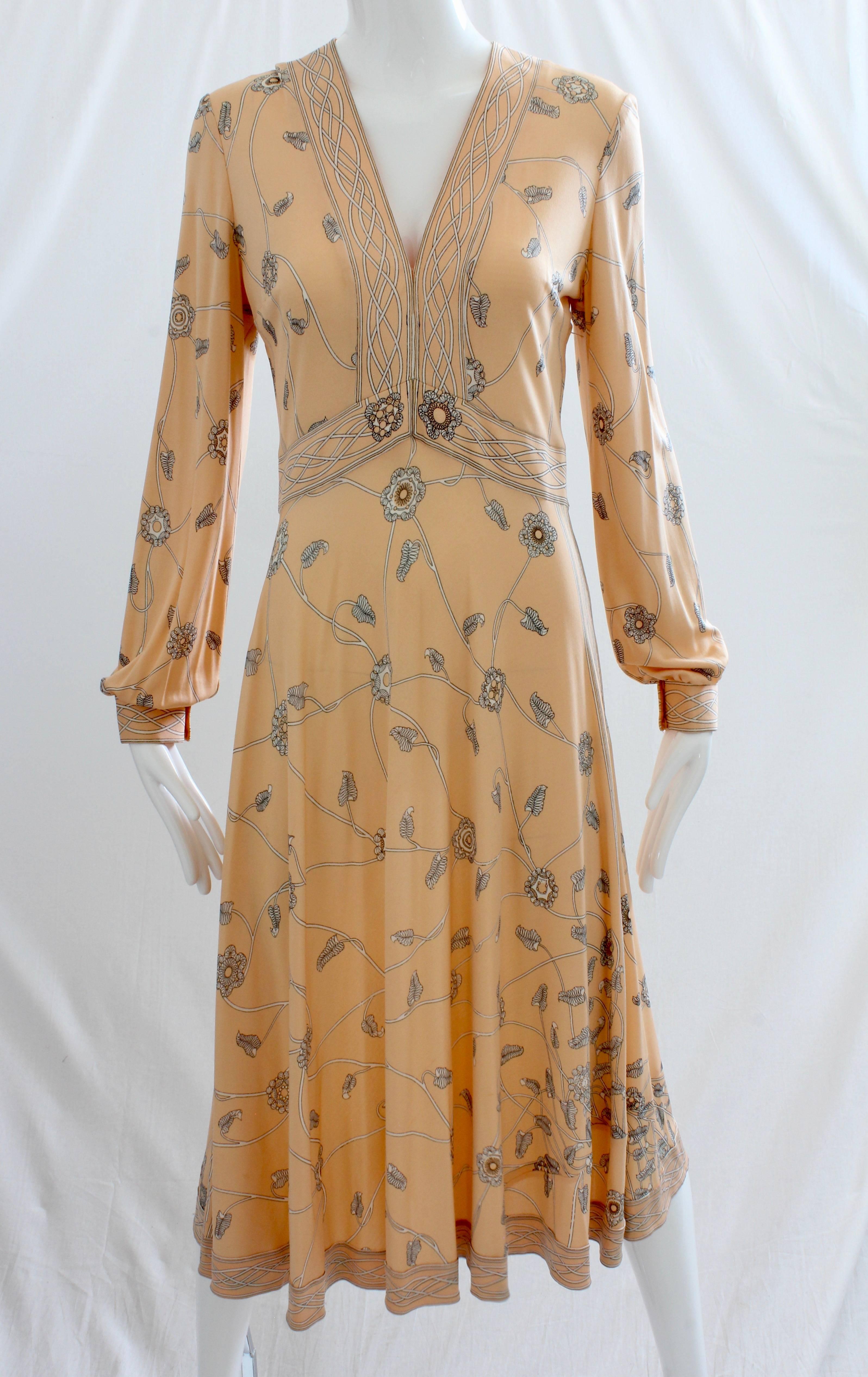 Brown Emilio Pucci Peach Floral Graphic Print Silk Jersey Dress, 1960s