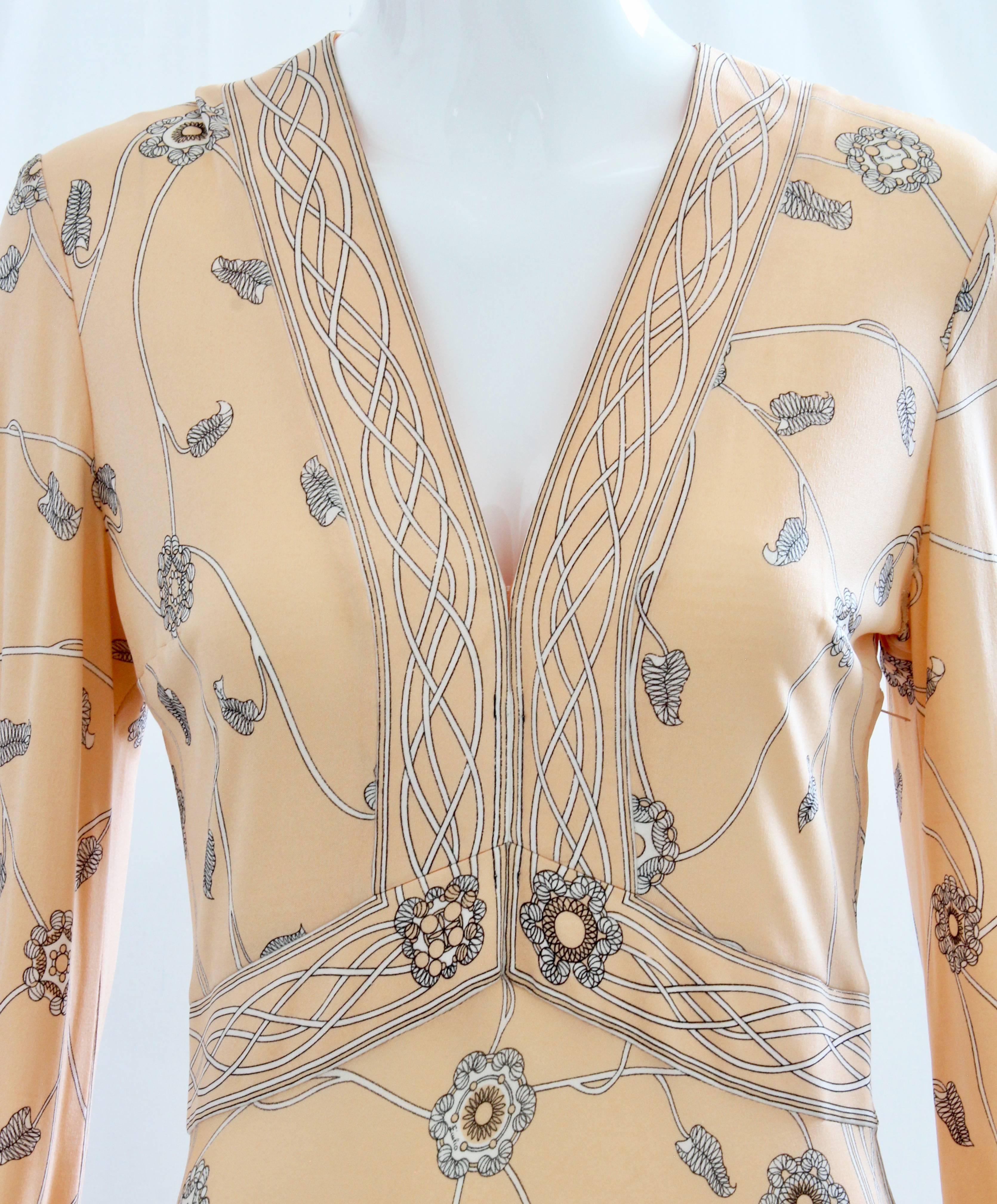 Emilio Pucci Peach Floral Graphic Print Silk Jersey Dress, 1960s In Good Condition In Port Saint Lucie, FL