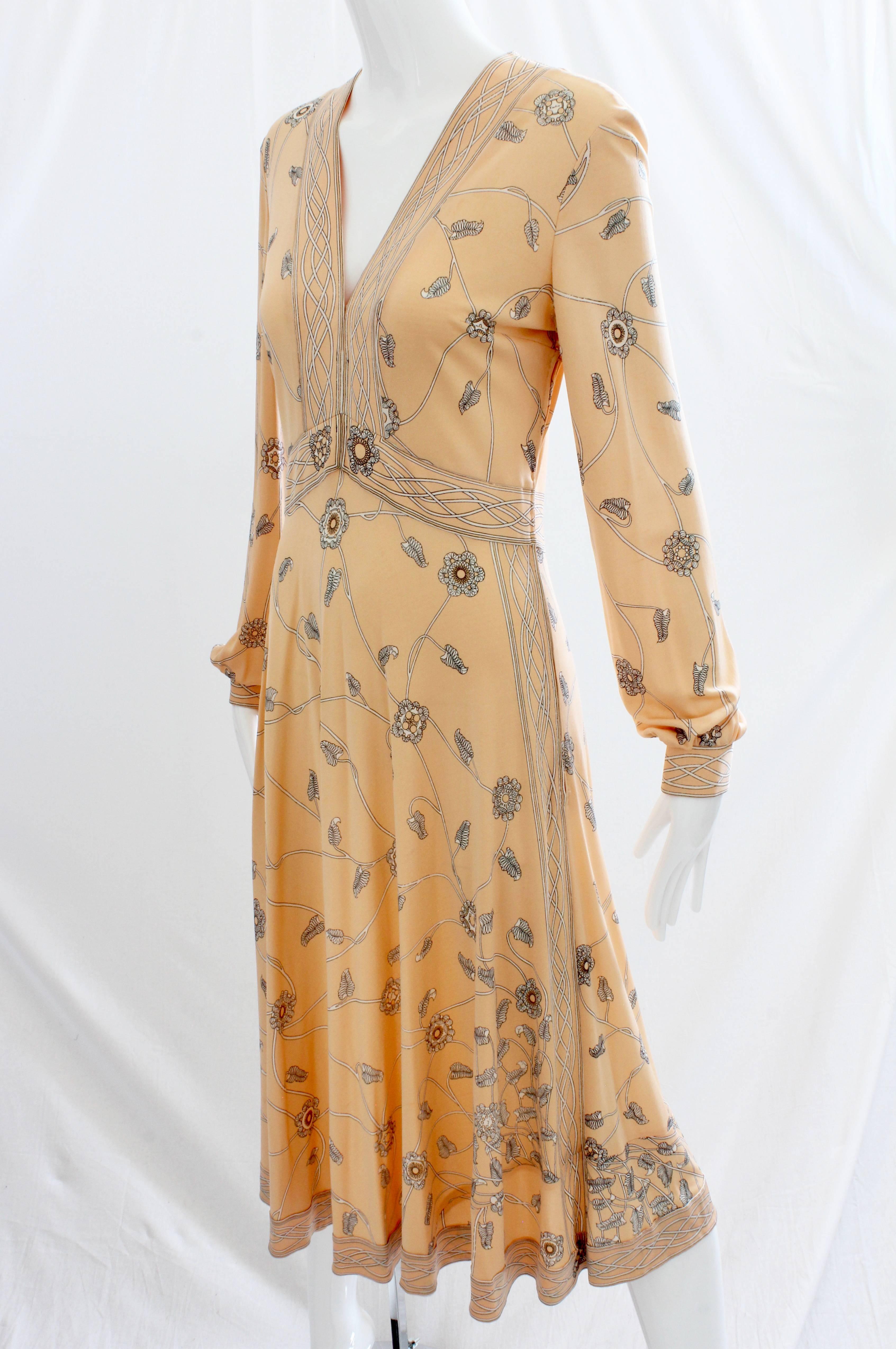 Emilio Pucci Peach Floral Graphic Print Silk Jersey Dress, 1960s 1