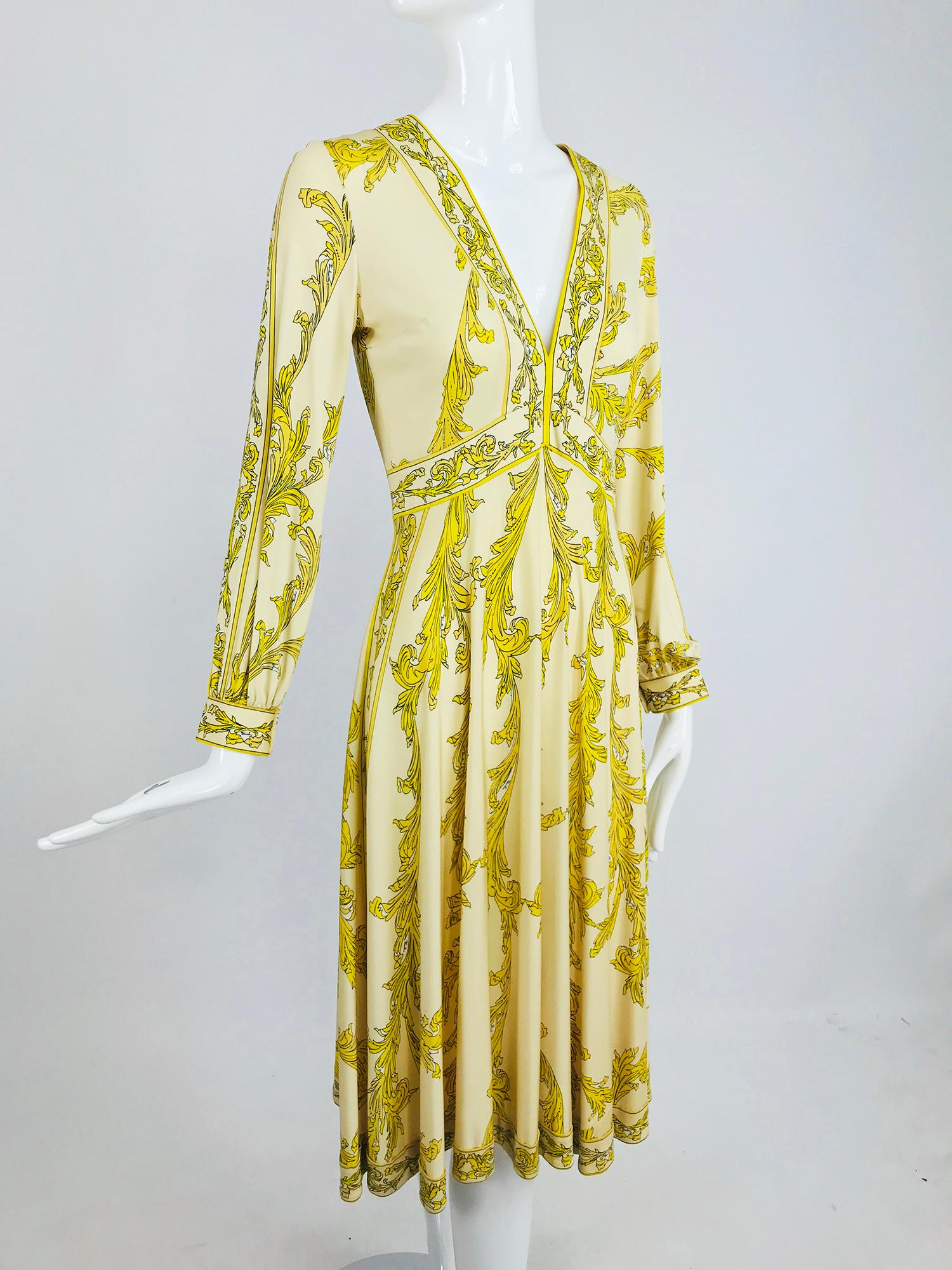 Beige Emilio Pucci Silk jersey Print V Neck Dress 1970s