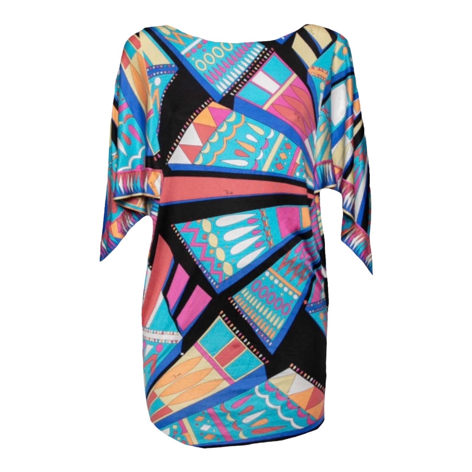 Blue EMILIO PUCCI Silk Jersey Signature Print Tunic Kaftan Style Dress 42 For Sale