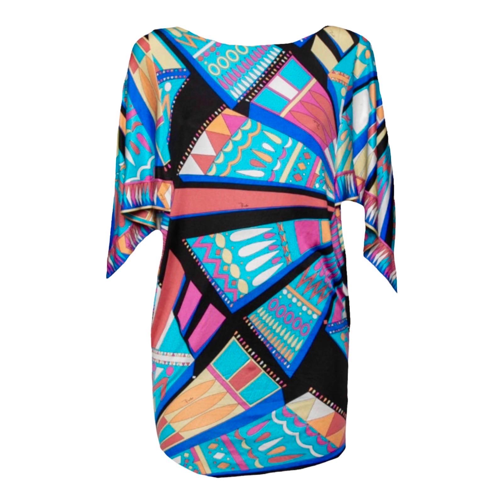 EMILIO PUCCI Silk Jersey Signature Print Tunic Kaftan Style Dress 42