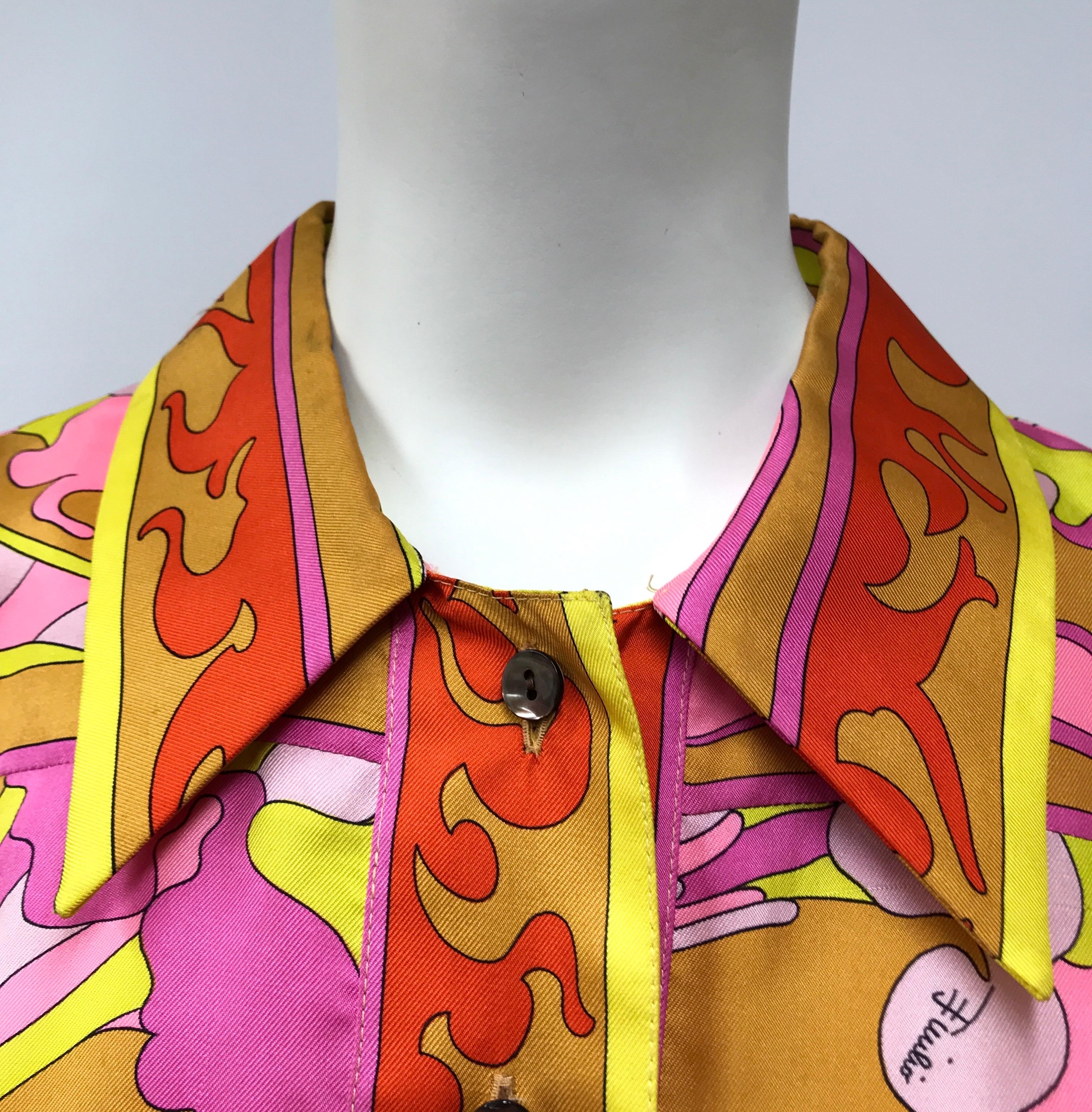 Emilio Pucci Silk Orange, Yellow, and Pink Button Down Top-42 In Excellent Condition In West Palm Beach, FL
