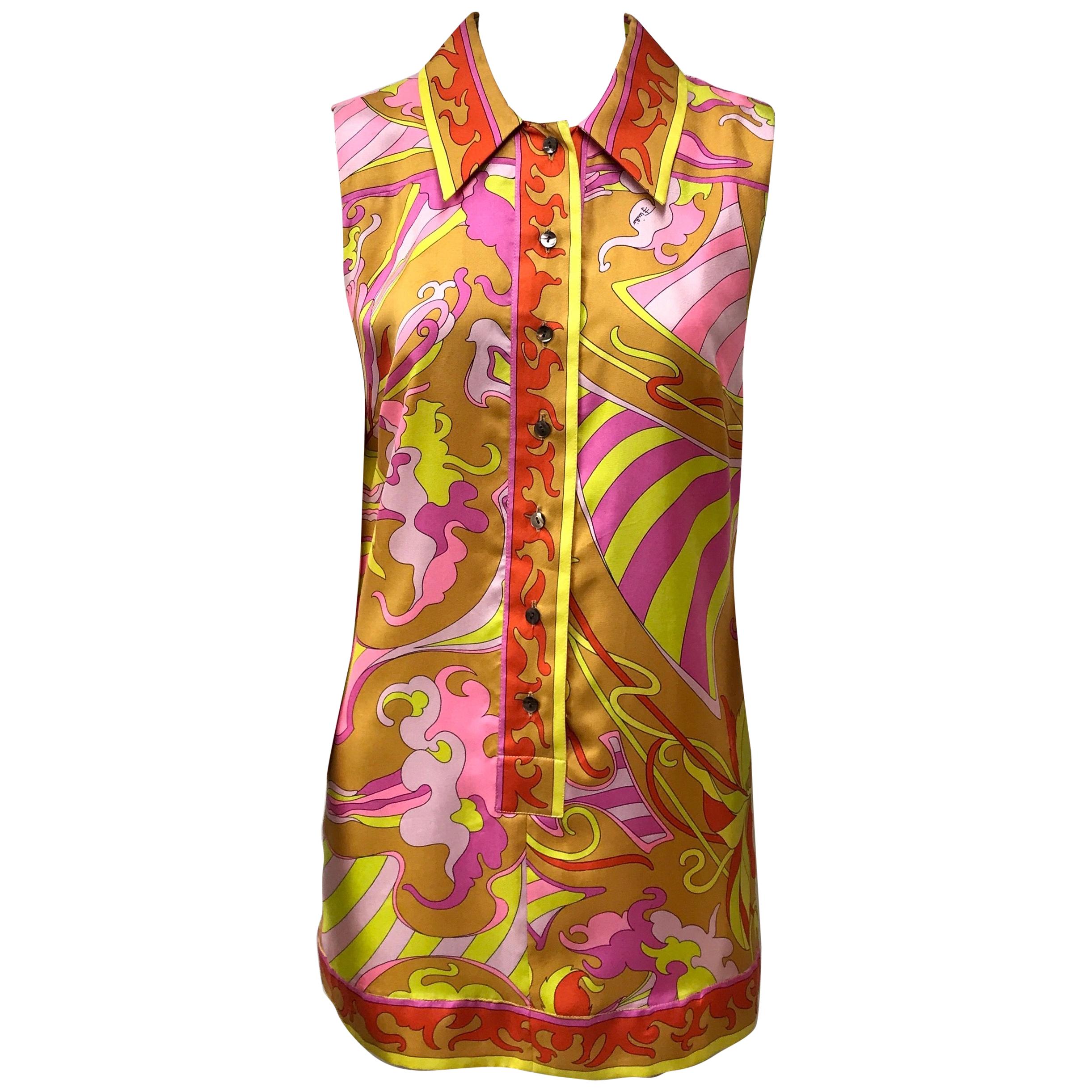 Emilio Pucci Silk Orange, Yellow, and Pink Button Down Top-42