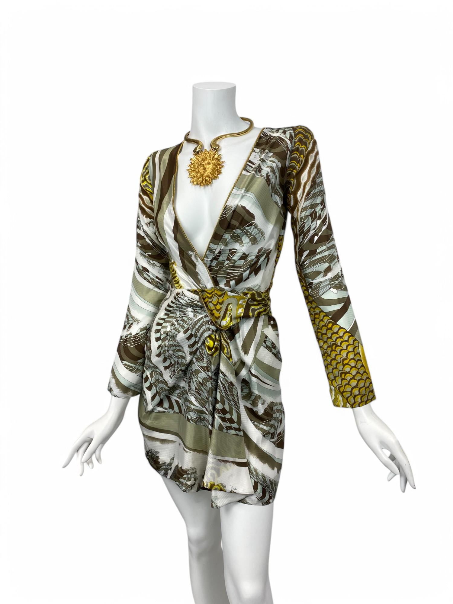 Gray Emilio Pucci Silk Plunge Neckline Mini Dress with Zipper Detail Sz: 40 NWT For Sale