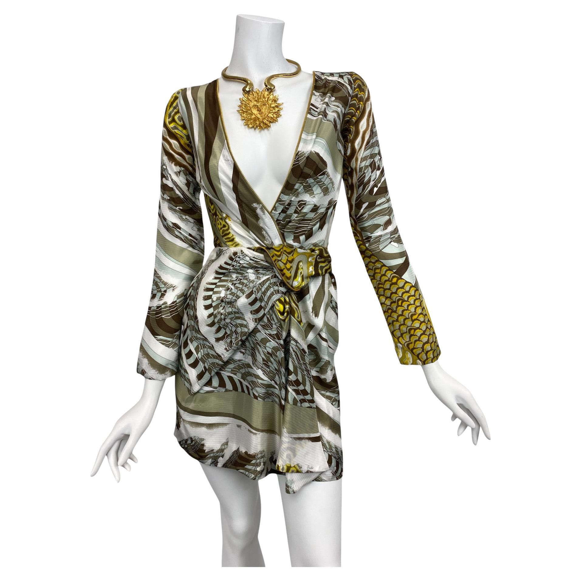 Emilio Pucci Silk Plunge Neckline Mini Dress with Zipper Detail Sz: 40 NWT For Sale