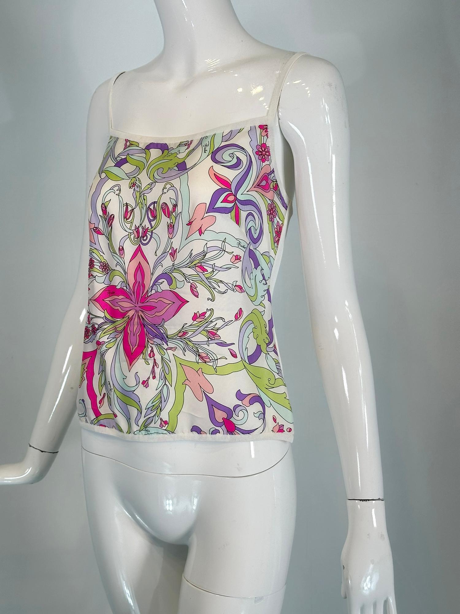 Emilio Pucci silk print camisole top. Beautiful silk print in white, lavender, pink, pale blue, pale green & purple at the front. The back & straps are knit rayon in white. Marked size 8, the back has a bit of stretch. 
In excellent wearable