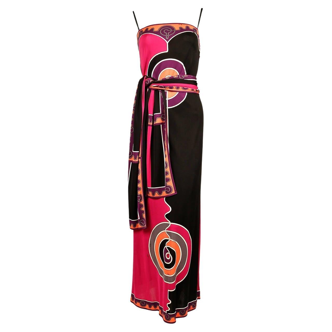 Emilio Pucci Bedrucktes Jersey-Kleid mit passendem Gürtel aus Seide, 1970er Jahre im Angebot