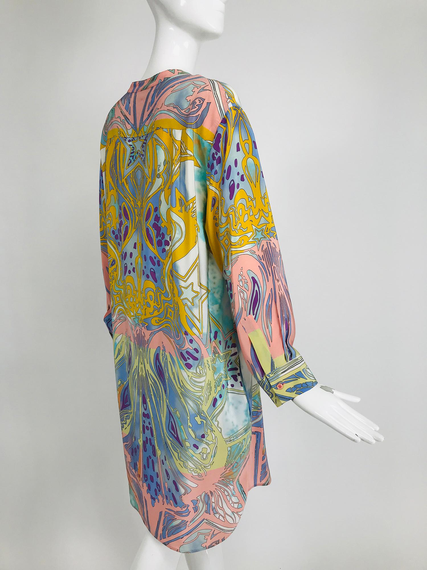 Emilio Pucci Silk Star Print Button Front Long Sleeve Dress  In Good Condition In West Palm Beach, FL