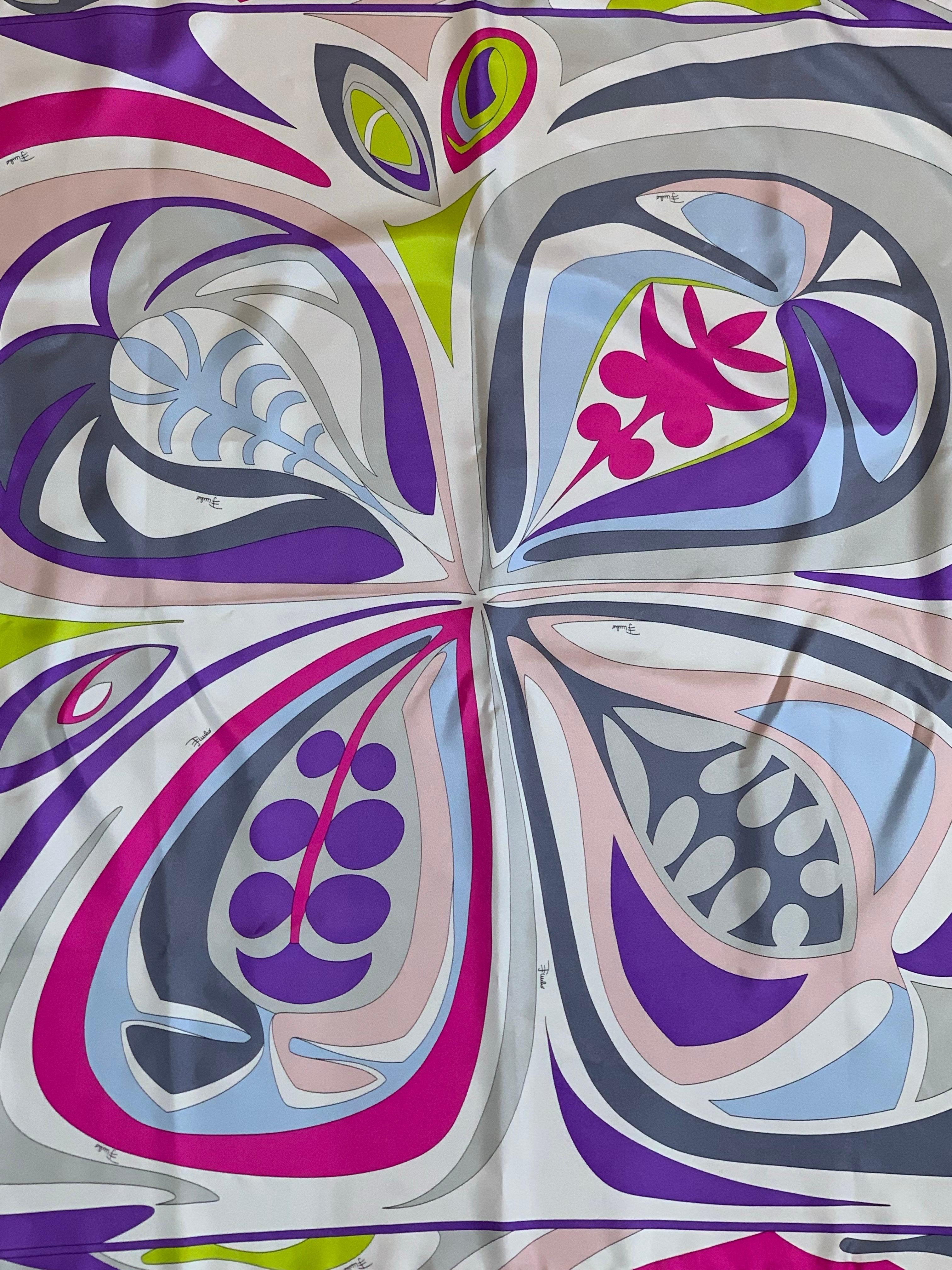Emilio Pucci Silk Twill Classic Scarf in Purple, Lime, Pink and Blue For Sale 5