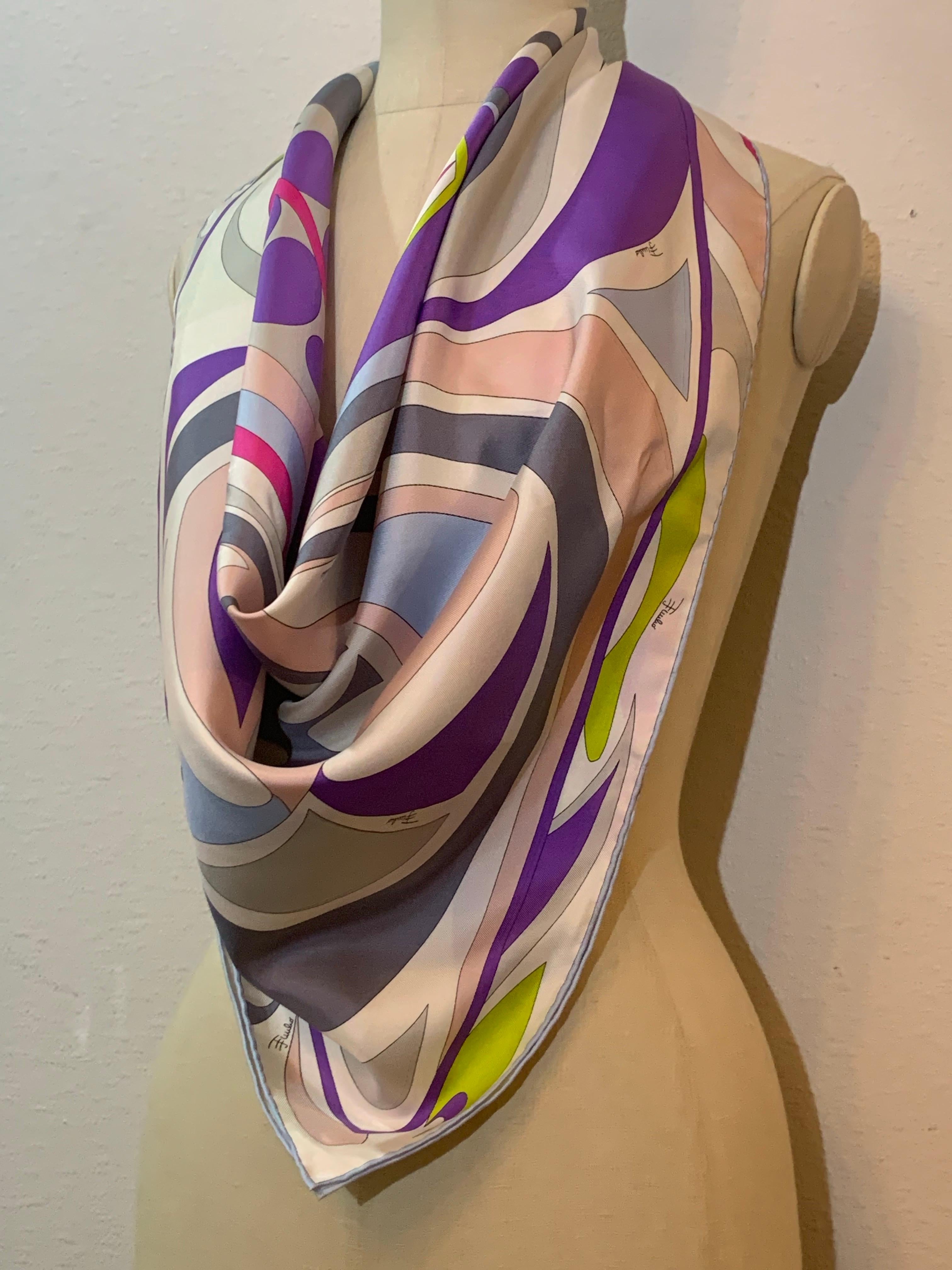 Emilio Pucci Silk Twill Classic Scarf in Purple, Lime, Pink and Blue For Sale 7