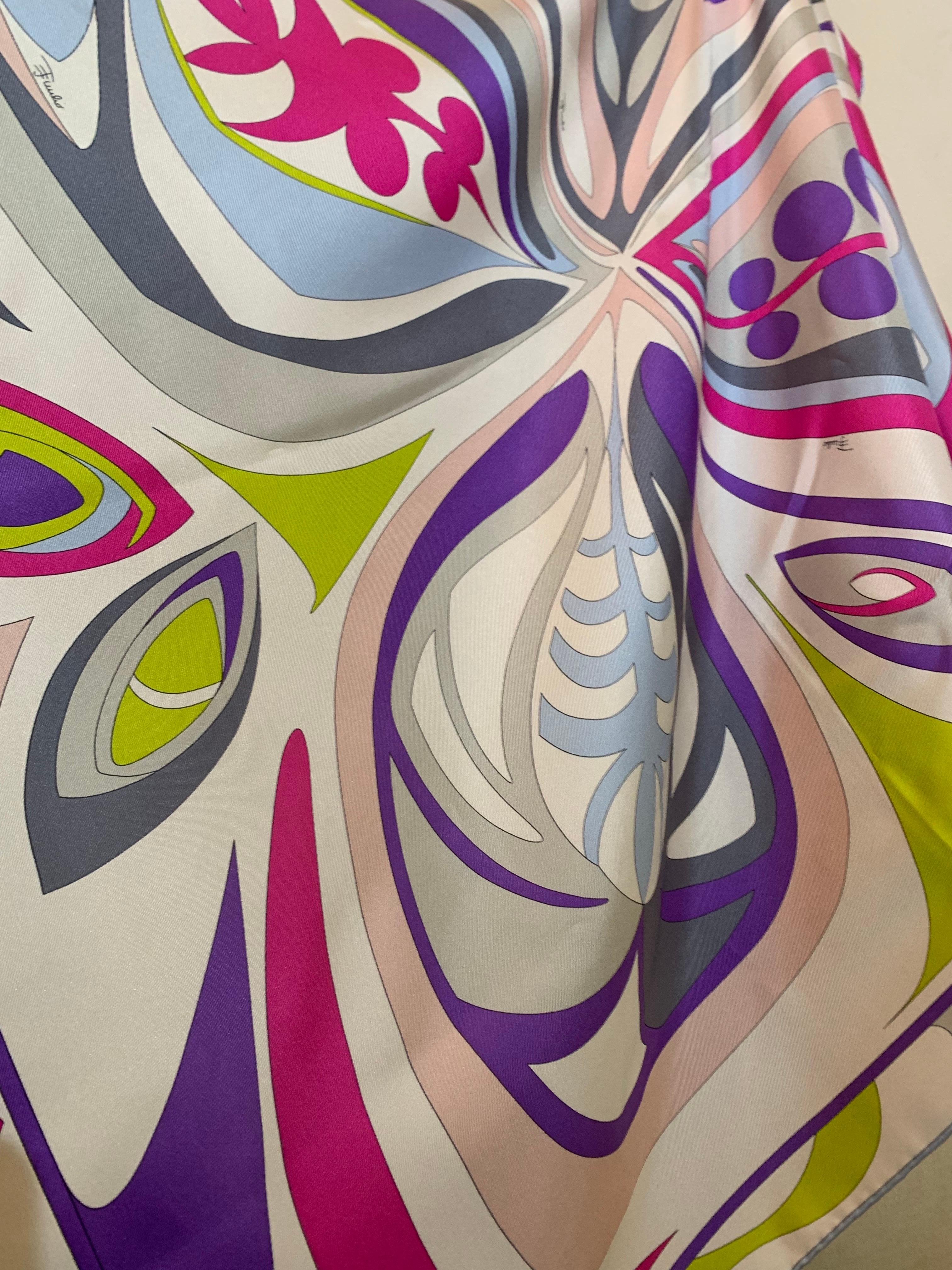 Emilio Pucci Silk Twill Classic Scarf in Purple, Lime Green, Pink and Blue; an iconic Pucci design, this scarf measures 36