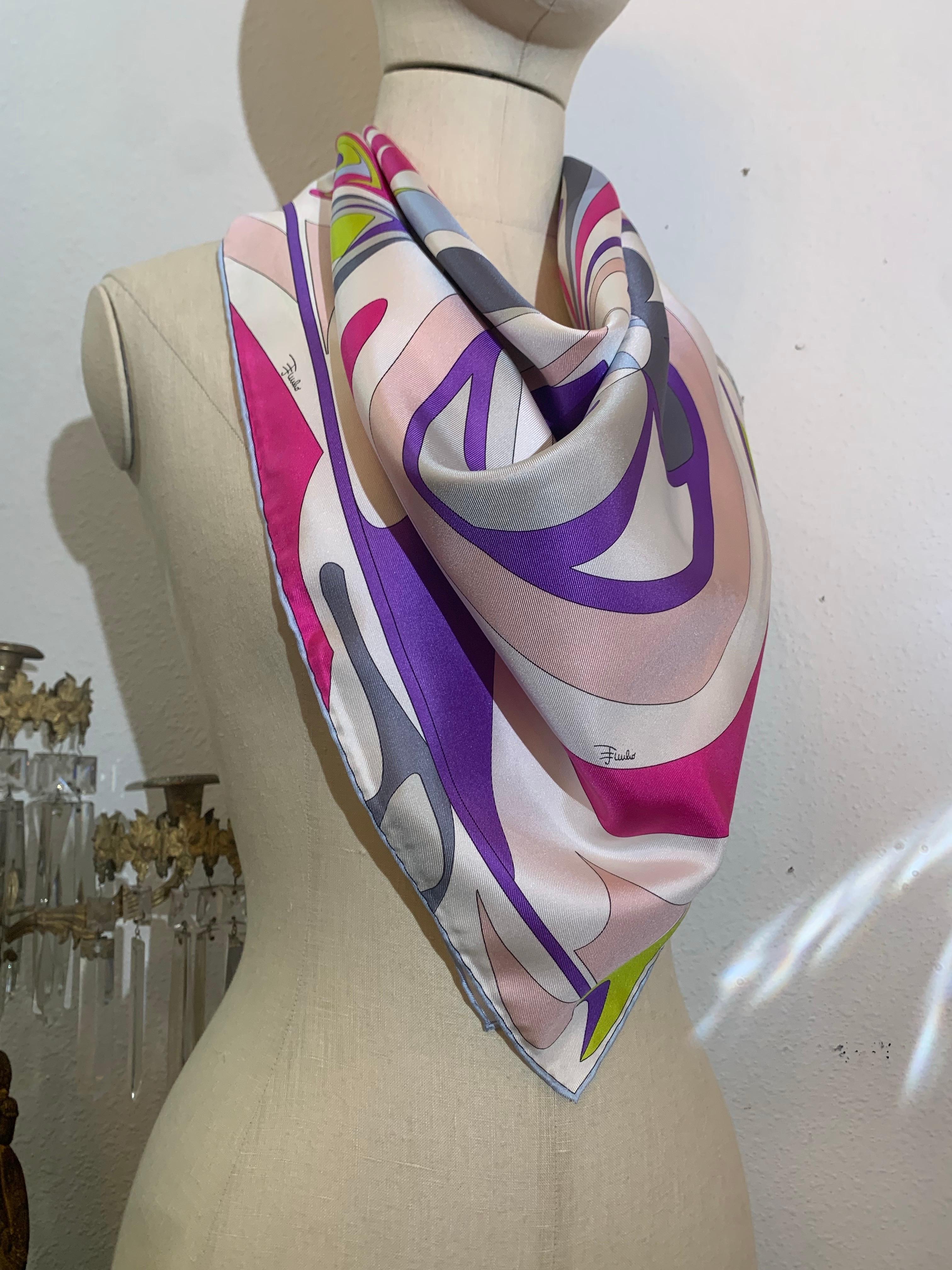 Emilio Pucci Silk Twill Classic Scarf in Purple, Lime, Pink and Blue In Excellent Condition For Sale In Gresham, OR