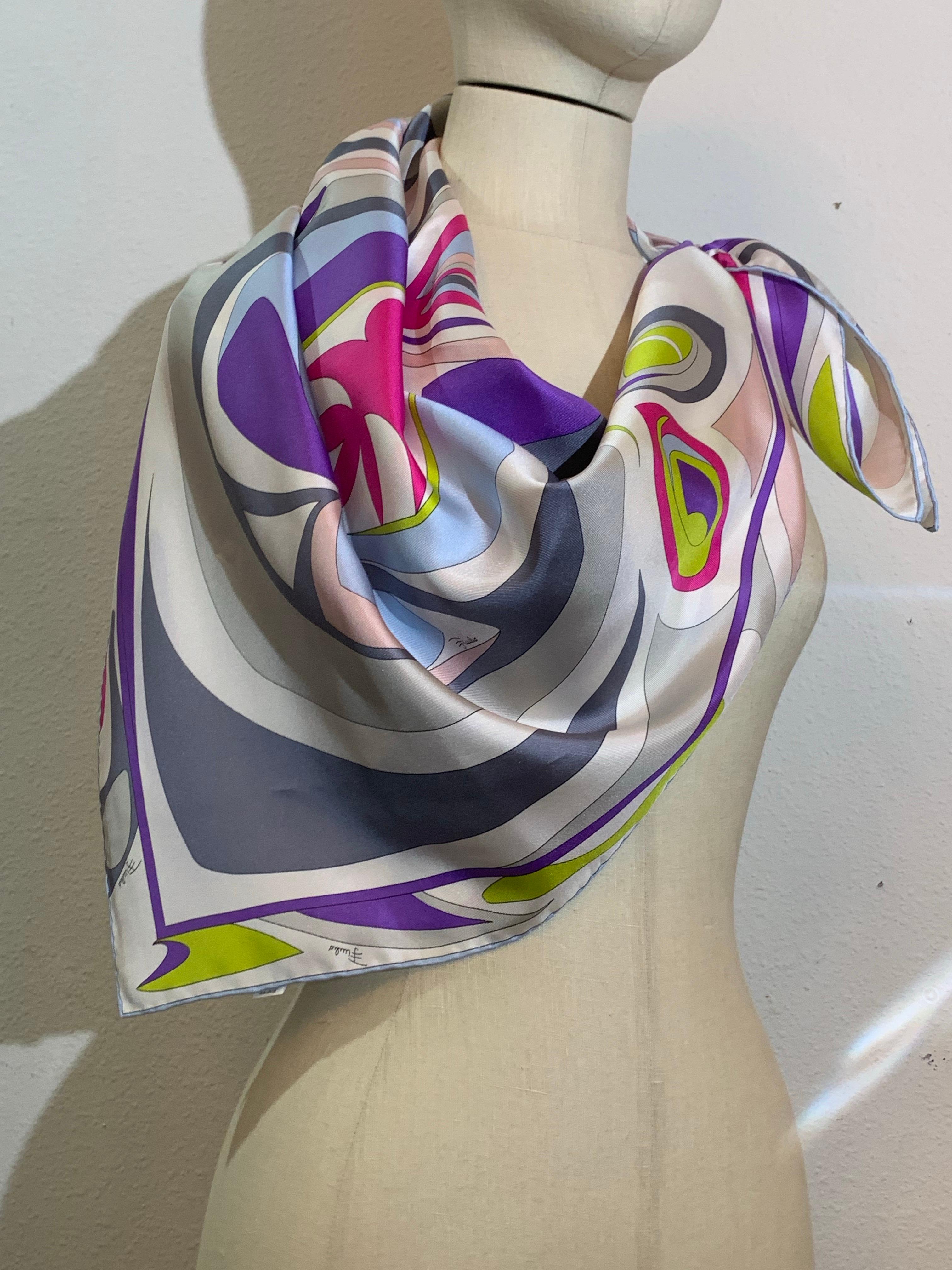 Emilio Pucci Silk Twill Classic Scarf in Purple, Lime, Pink and Blue For Sale 2