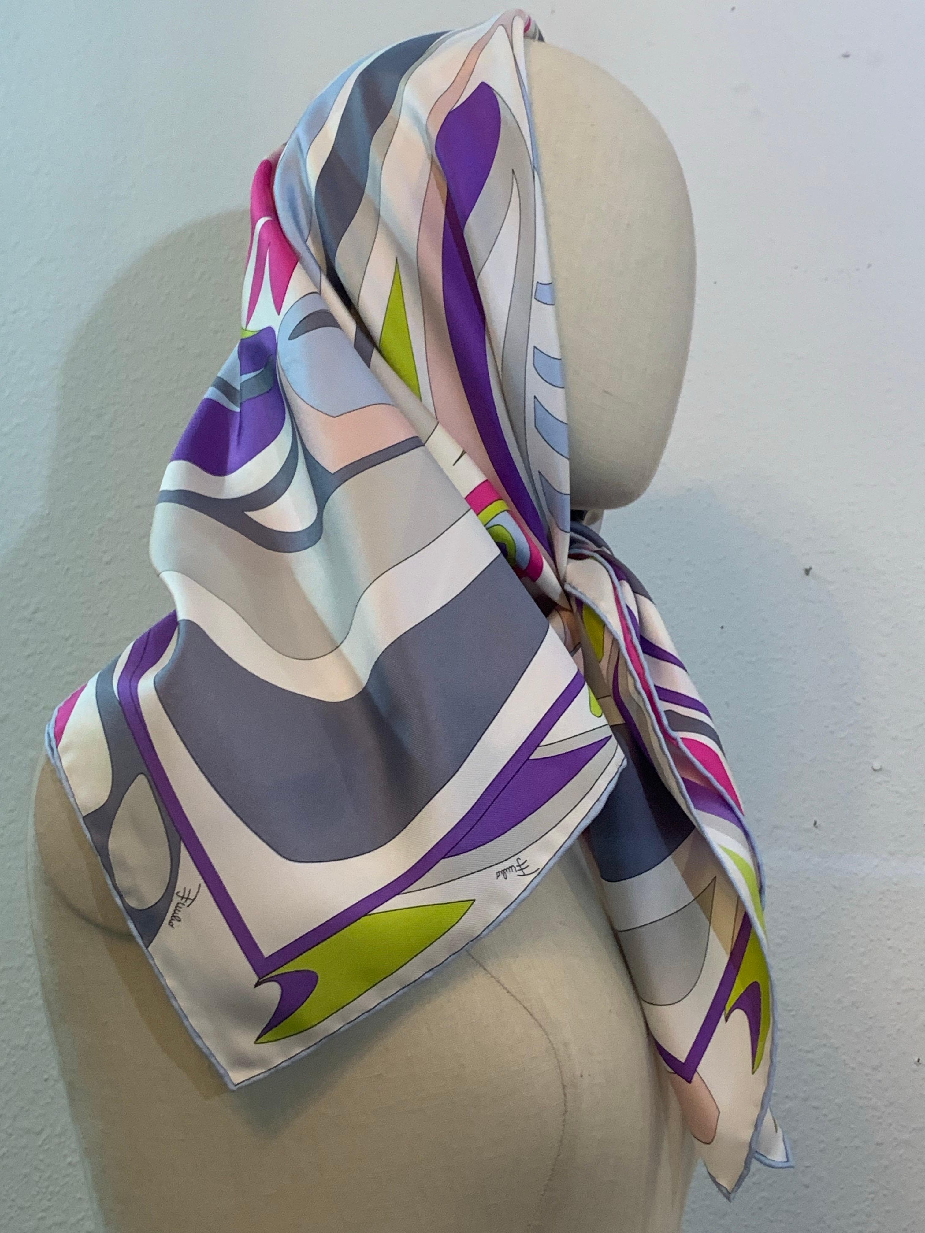Emilio Pucci Silk Twill Classic Scarf in Purple, Lime, Pink and Blue For Sale 3
