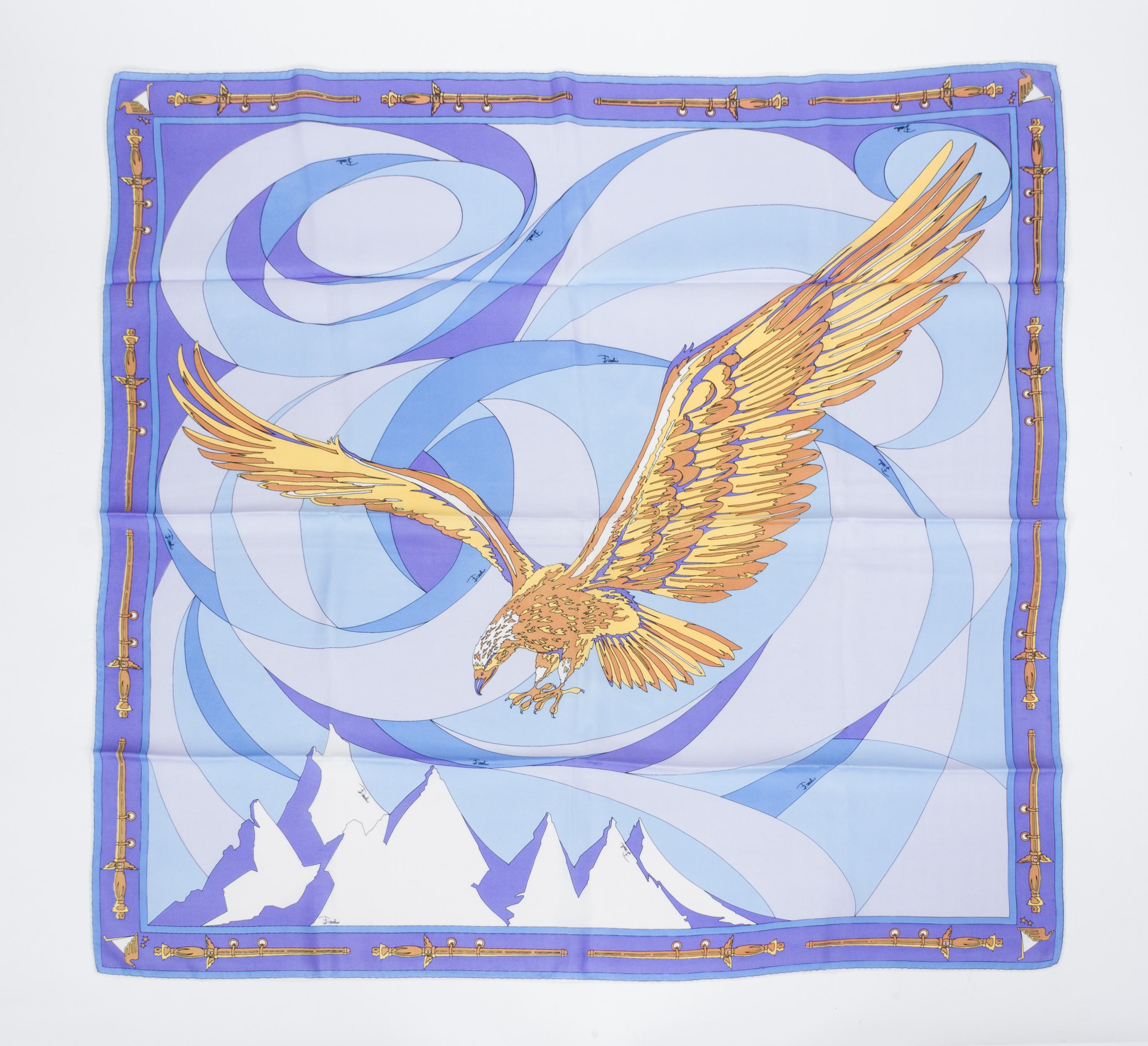 Pucci silk twill purple geometric print scarf with gold center eagle. Hand rolled edges. Does not include box.