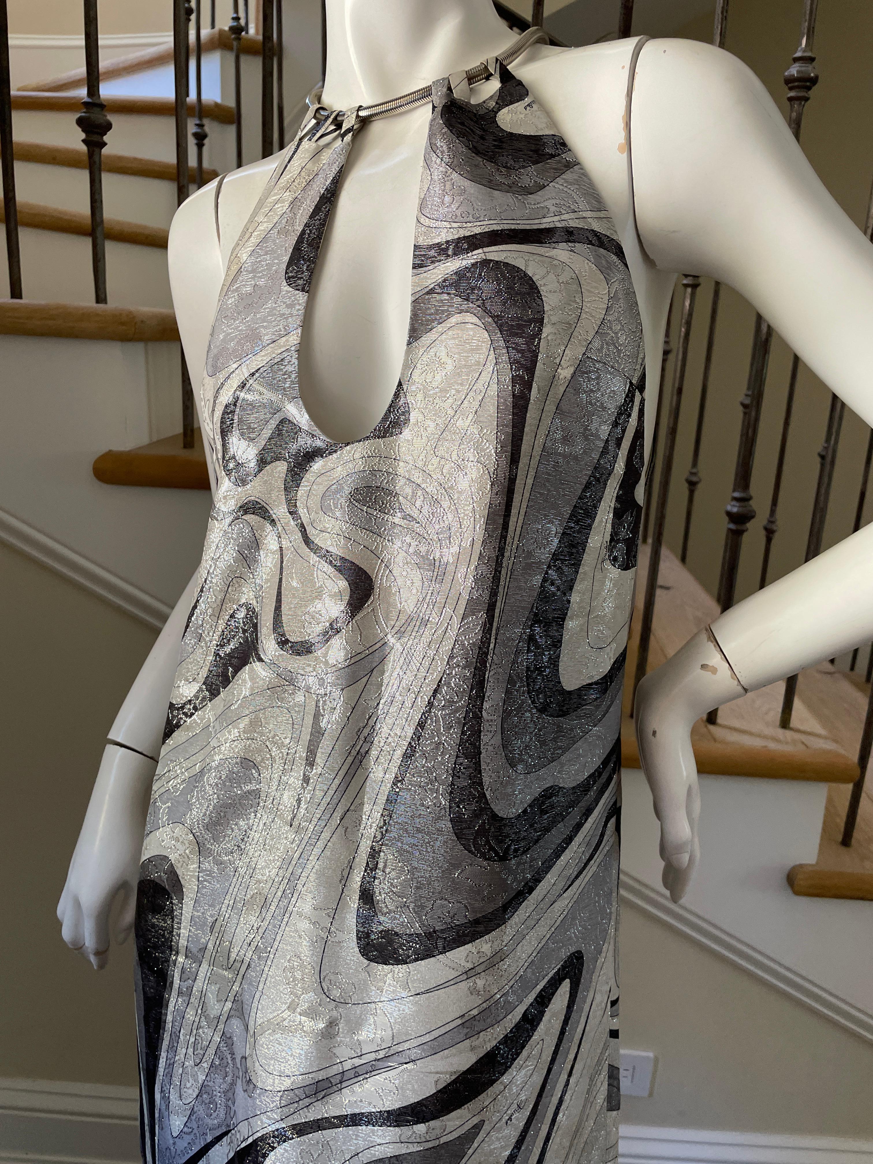 Emilio Pucci Silver Silk Sixties Style Dress with Snake Chain Collar In Excellent Condition For Sale In Cloverdale, CA