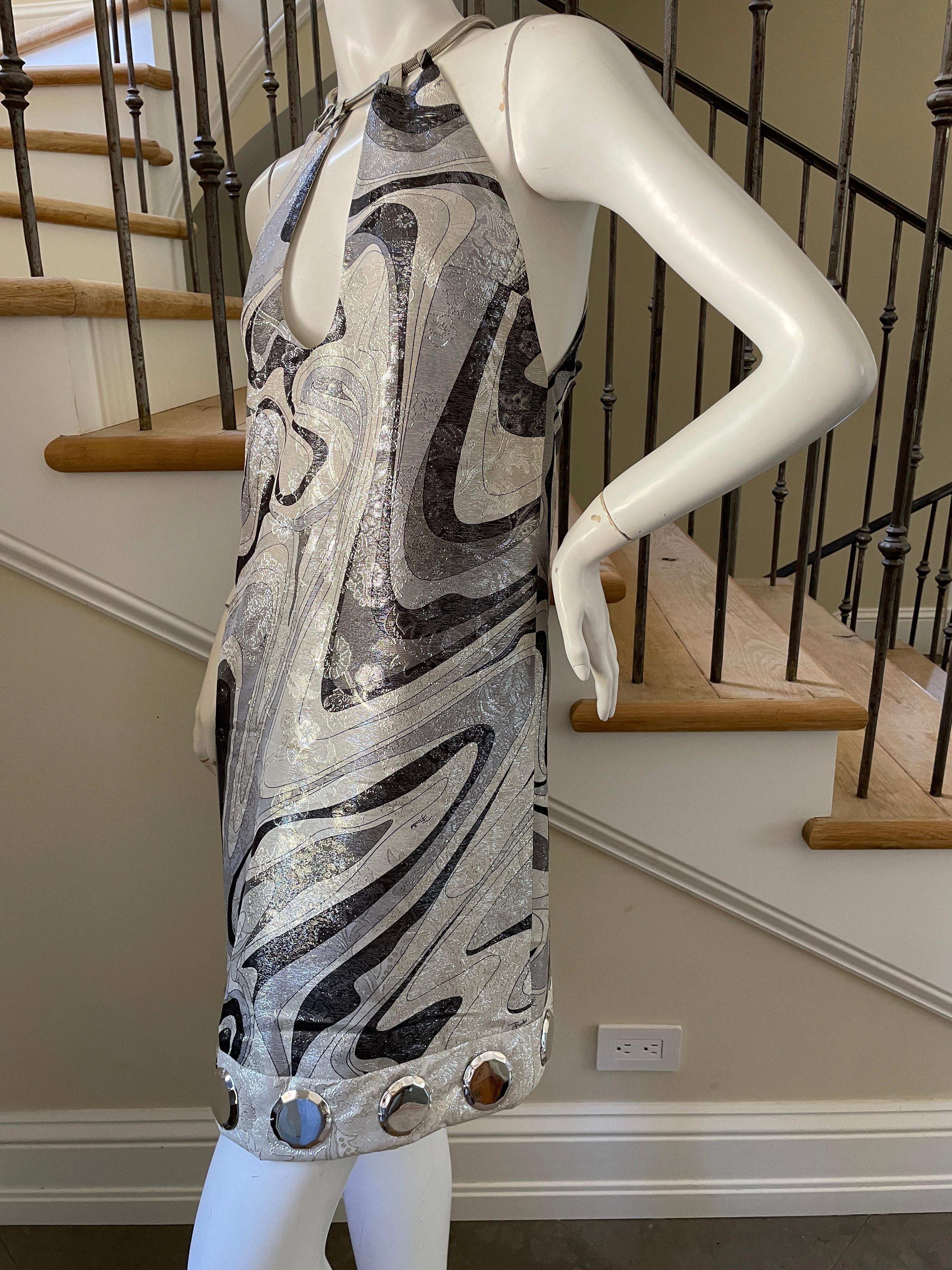 Emilio Pucci Silver Silk Sixties Style Dress with Snake Chain Collar For Sale 2