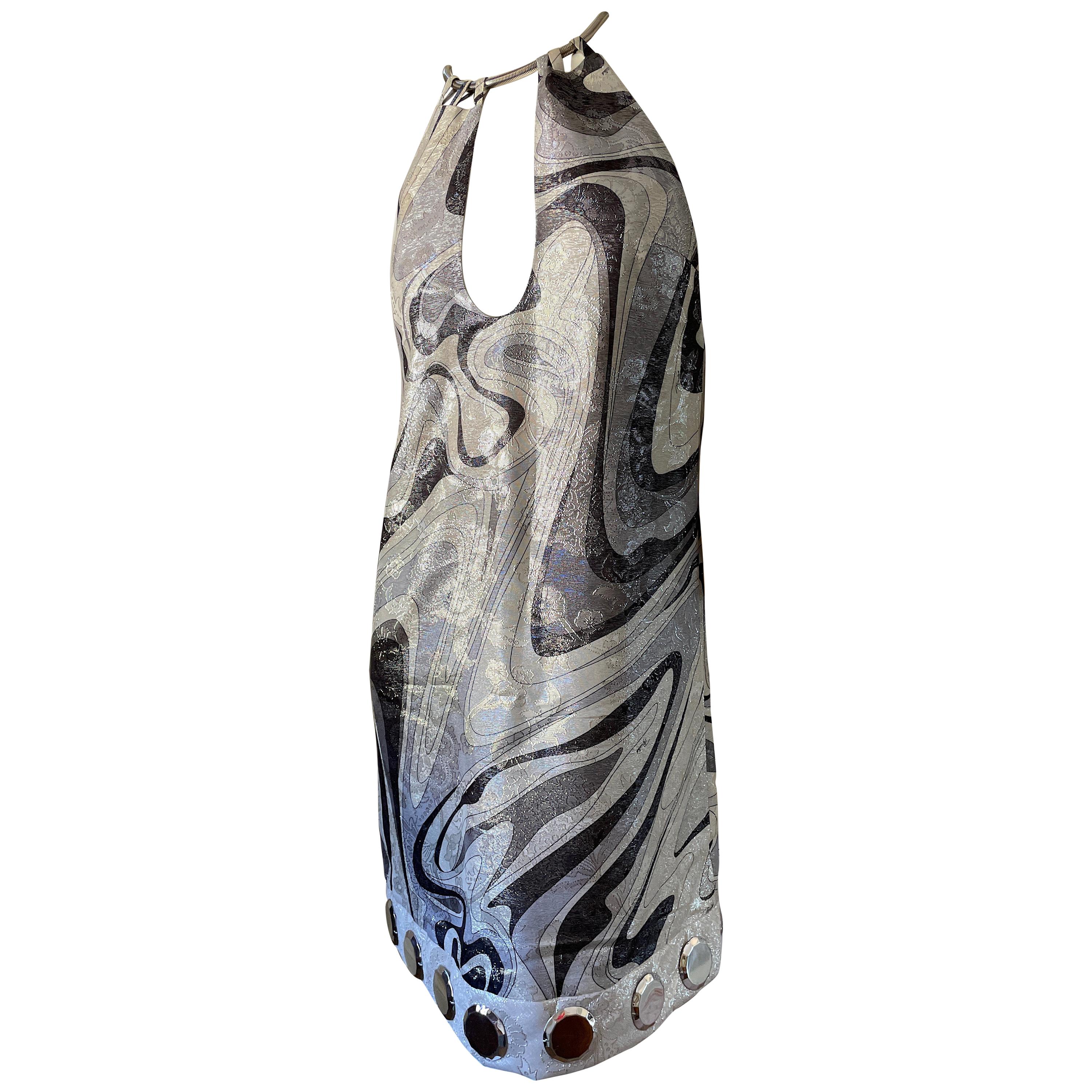 Emilio Pucci Silver Silk Sixties Style Dress with Snake Chain Collar For Sale