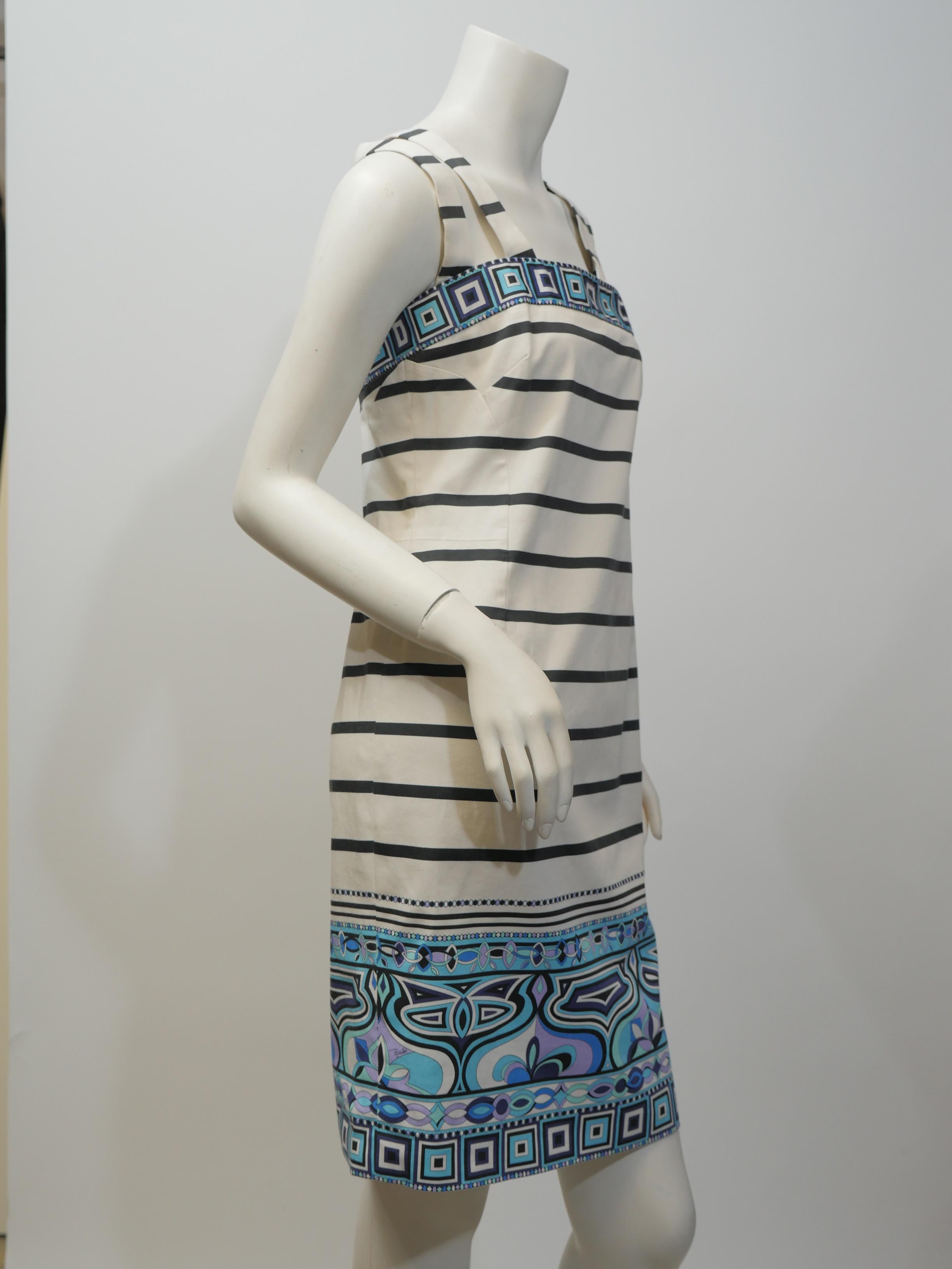 Gray Emilio Pucci Size 10 Blk/Wht/Blu S/L Striped Dress with Geometric Pattern
