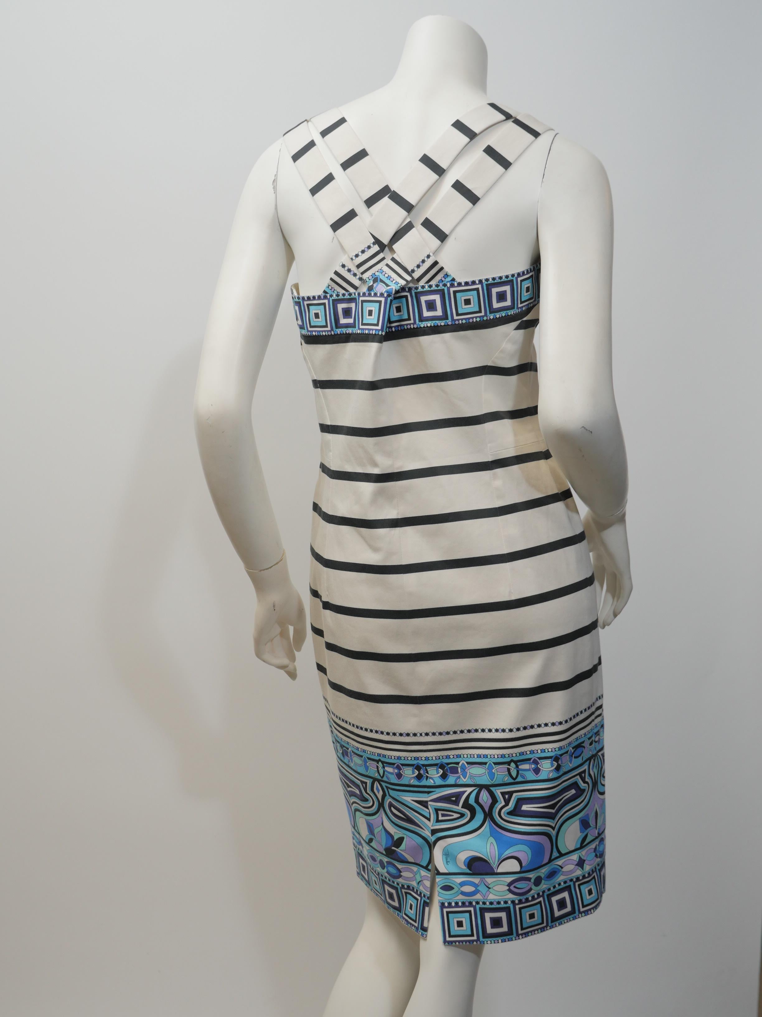 Emilio Pucci Size 10 Blk/Wht/Blu S/L Striped Dress with Geometric Pattern 1