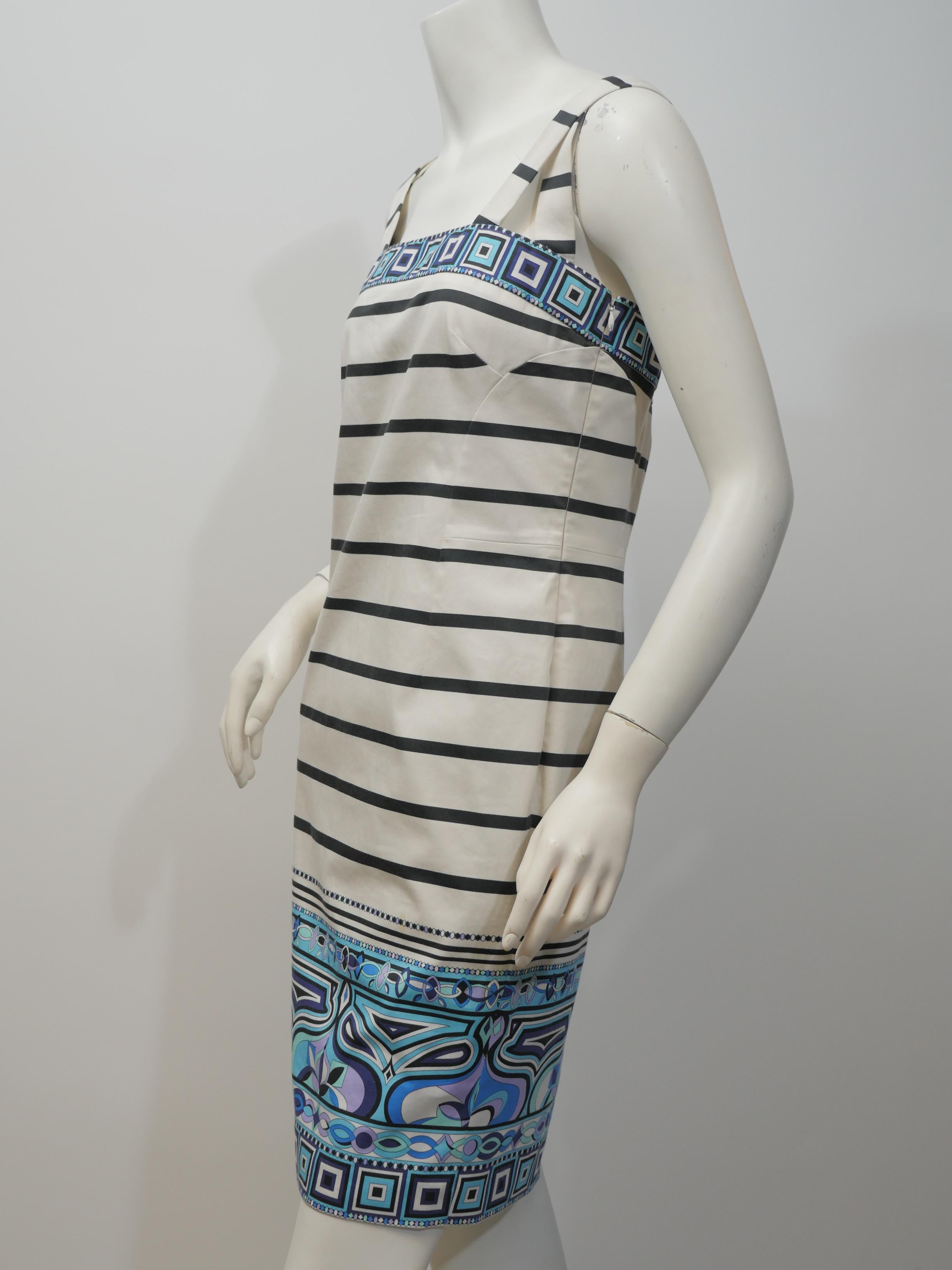 Emilio Pucci Size 10 Blk/Wht/Blu S/L Striped Dress with Geometric Pattern 3