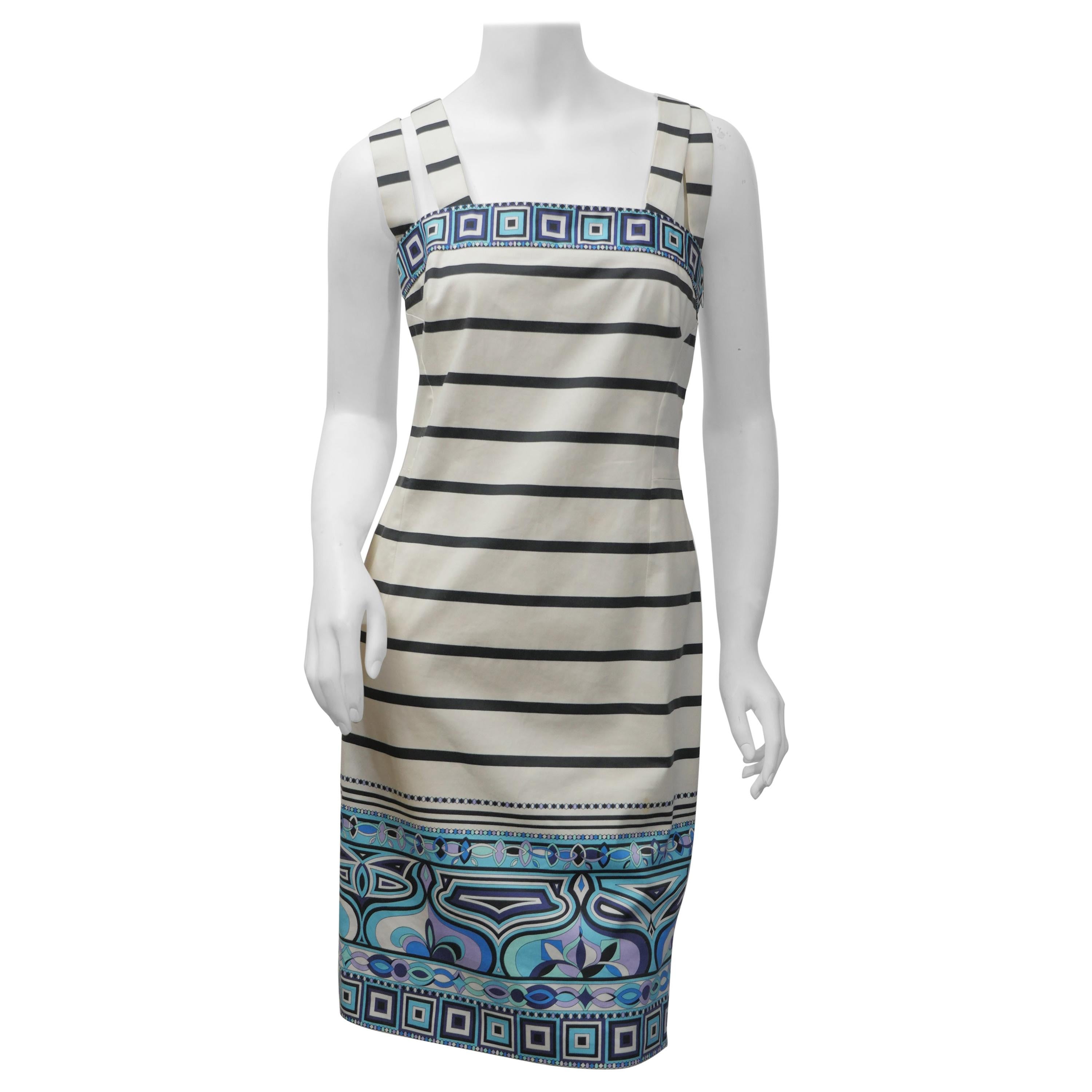 Emilio Pucci Size 10 Blk/Wht/Blu S/L Striped Dress with Geometric Pattern