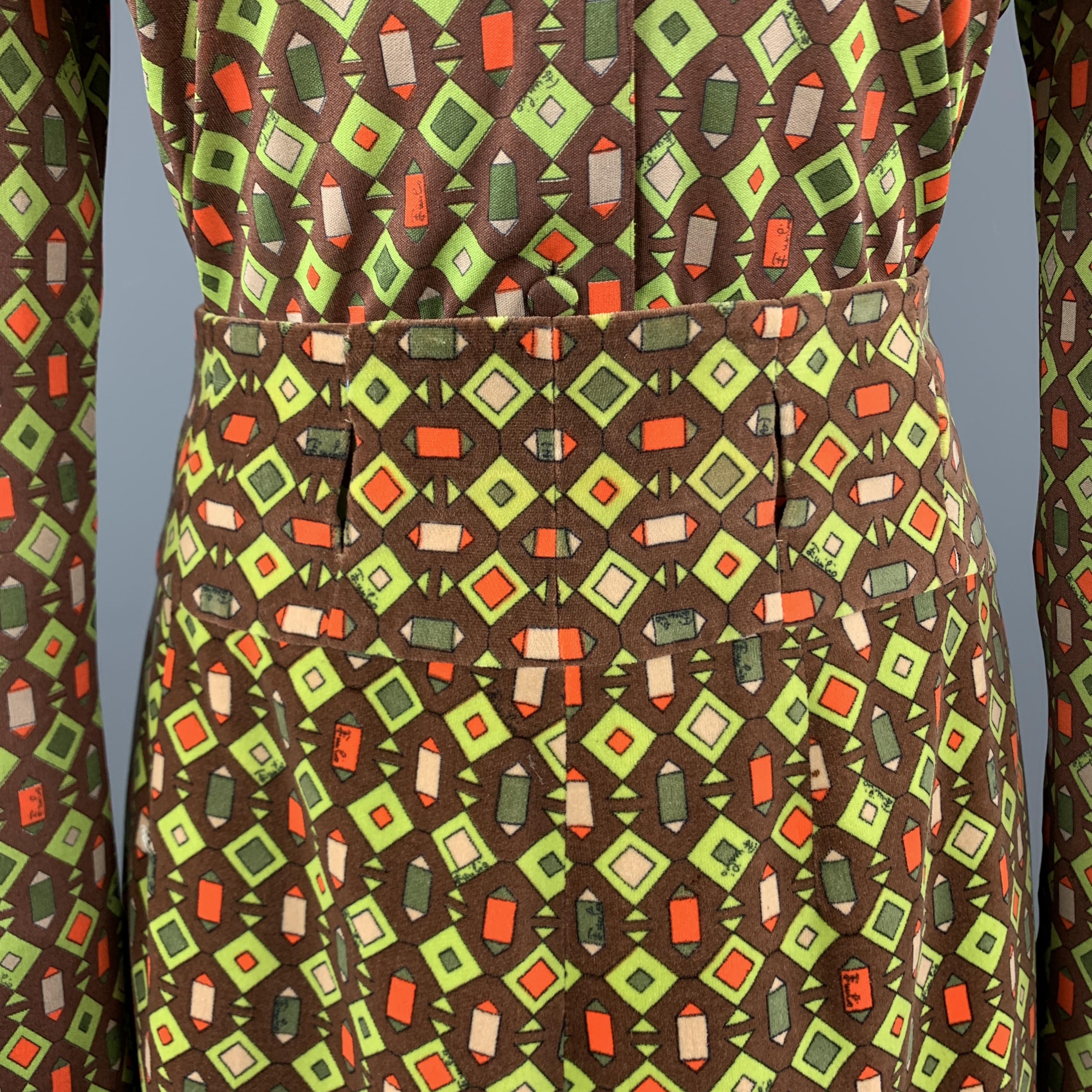 EMILIO PUCCI Size 12 Brown & Green Printed Blouse & Velvet Skirt Set In Good Condition In San Francisco, CA