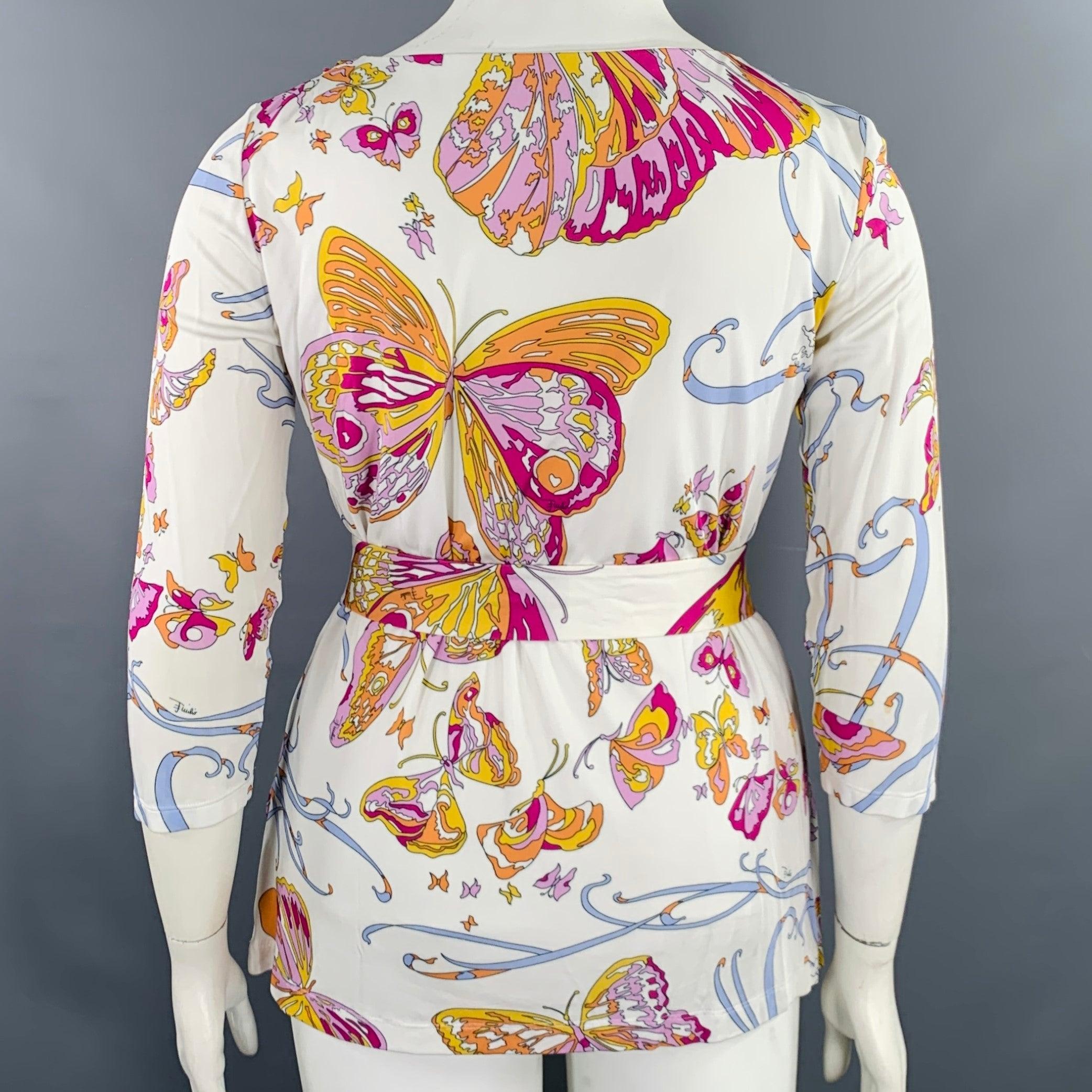 Beige EMILIO PUCCI - Haut décontracté à manches 3/4, blanc, rose et papillons, taille 12 en vente