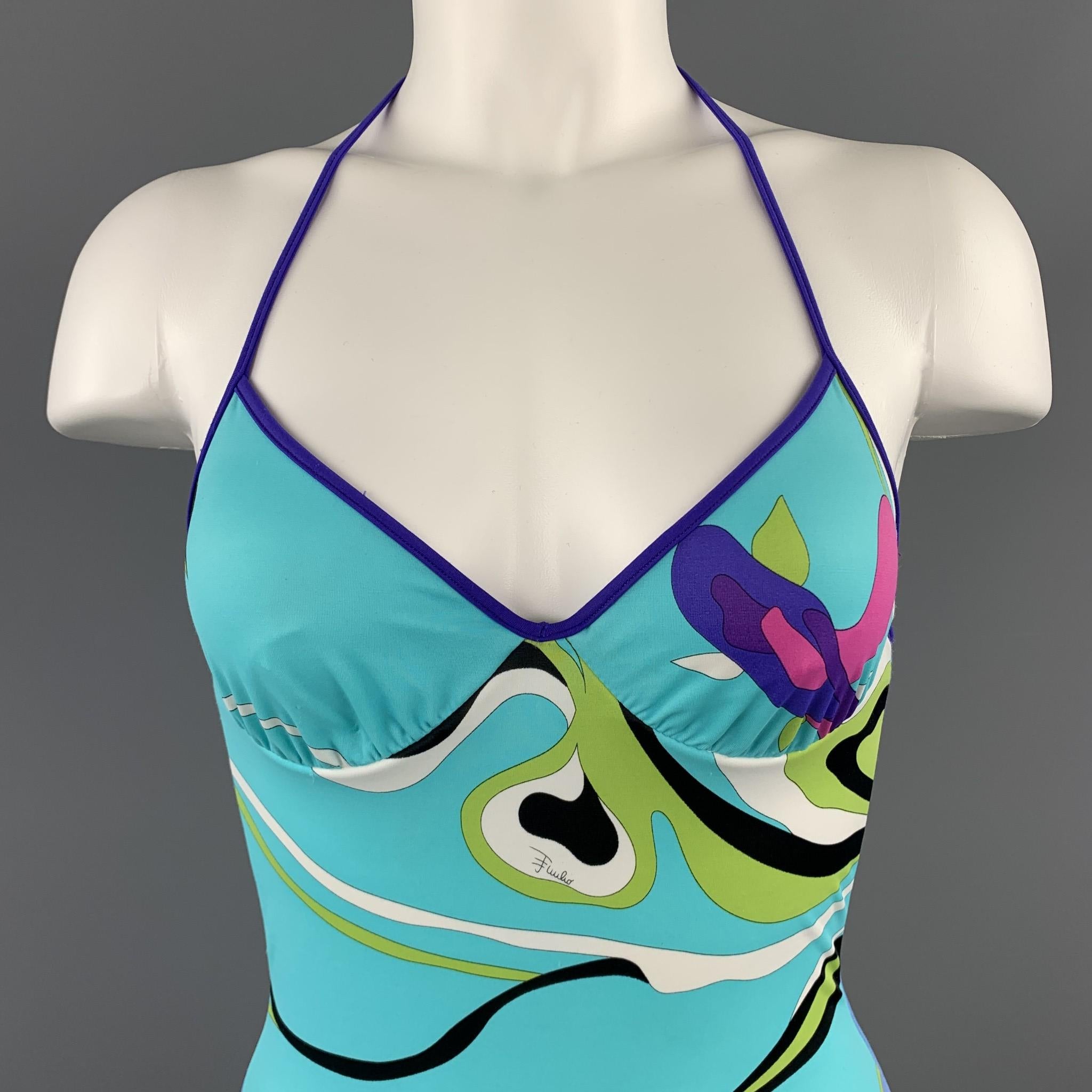 Vintage EMILIO PUCCI stretch bodysuit comes in a classic signature print with hints of purple, turquoise, lime green, and pink with a halter top and low cut strap back. Never worn. Spots and minor aging from storage and try on. As-is. 

Good