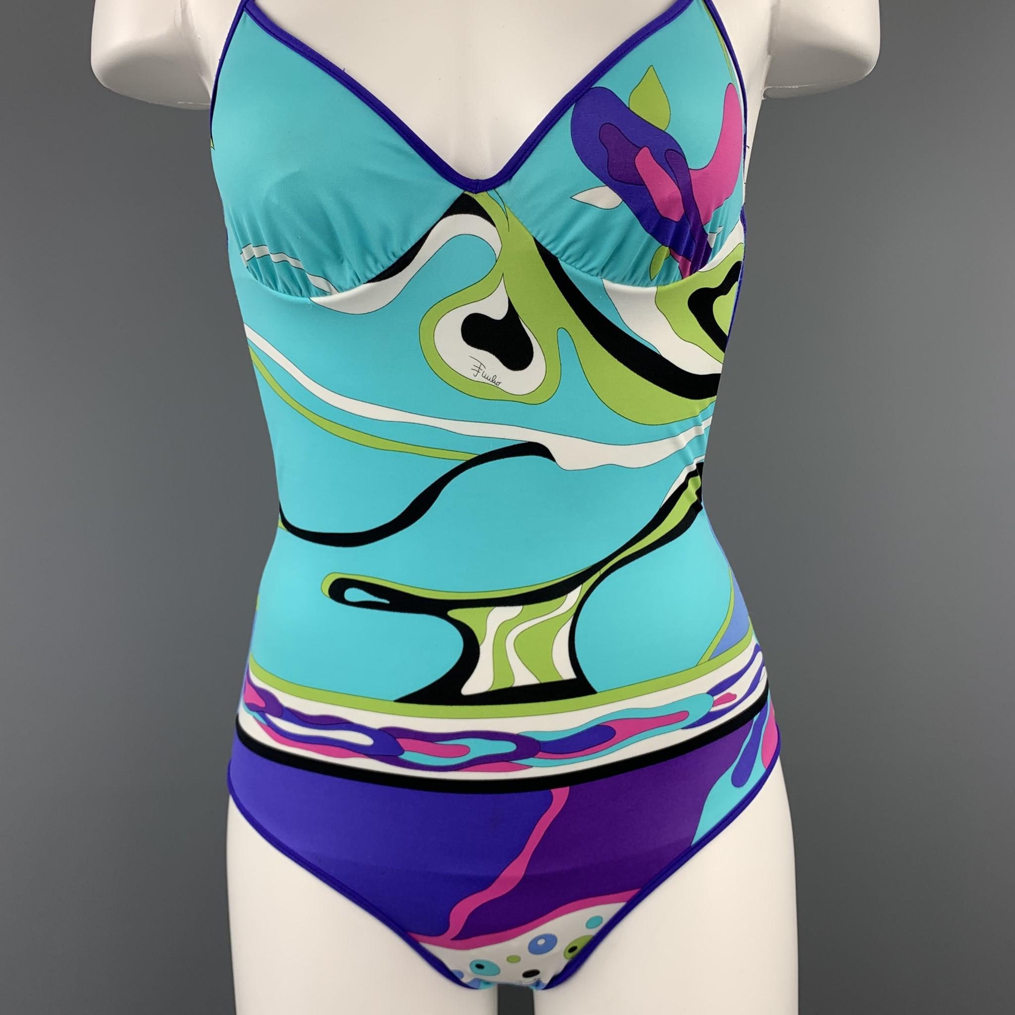 Green EMILIO PUCCI Size 4 Turquoise & Purple Print One Piece Halter Swimsuit