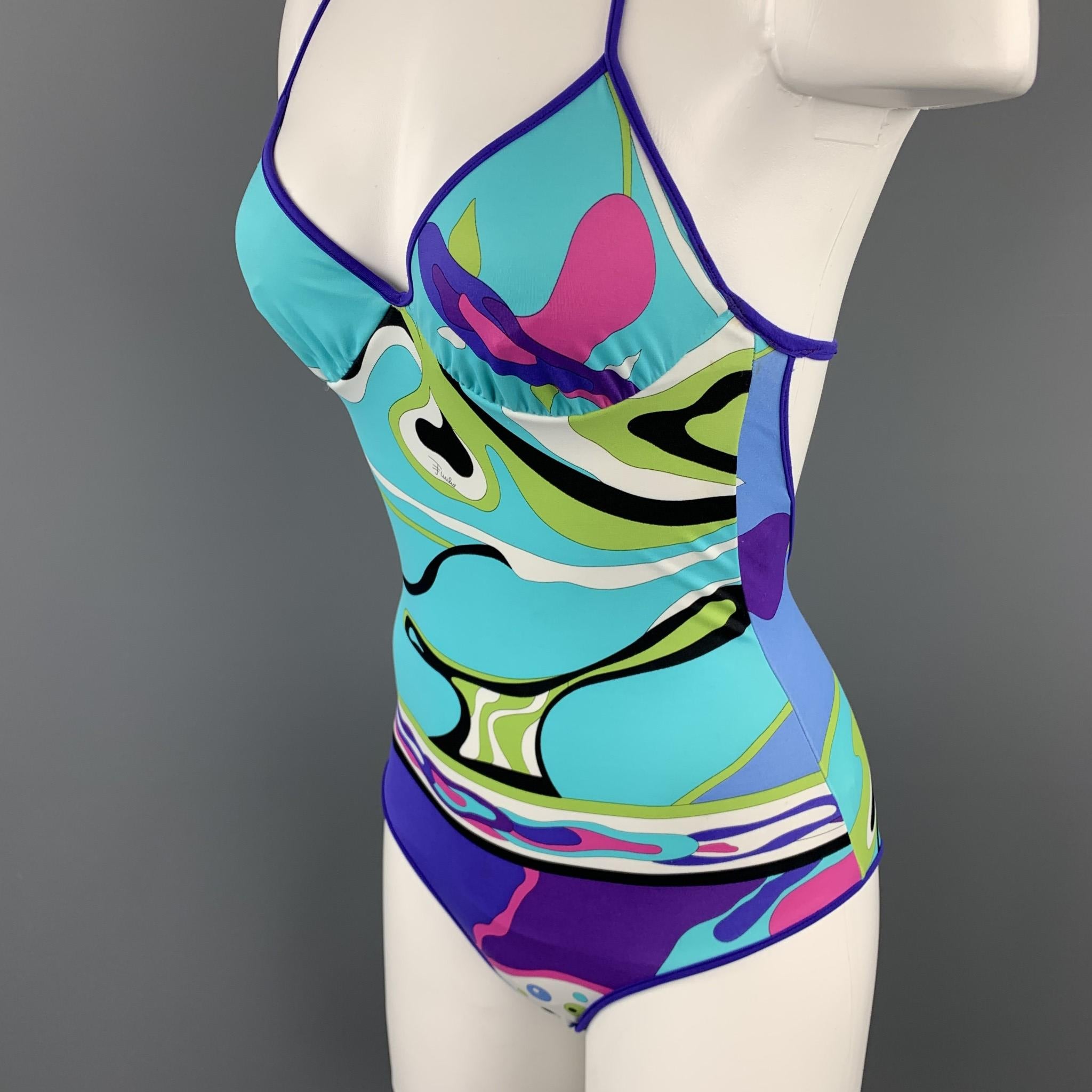 EMILIO PUCCI Size 4 Turquoise & Purple Print One Piece Halter Swimsuit In Good Condition In San Francisco, CA