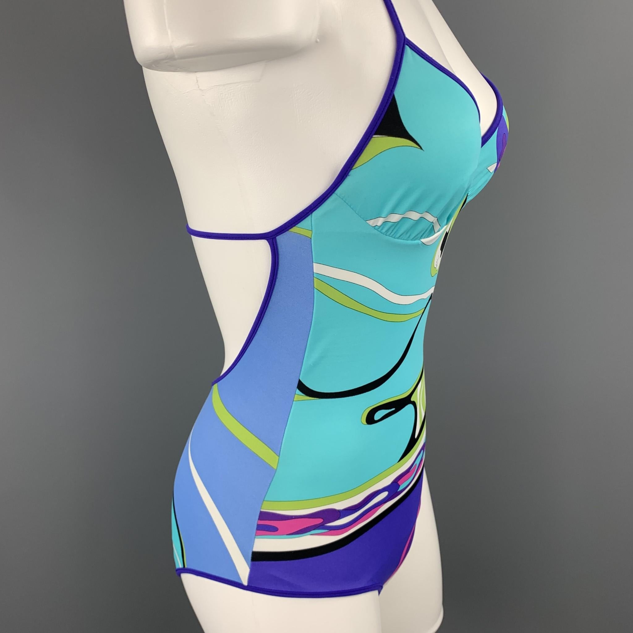Women's EMILIO PUCCI Size 4 Turquoise & Purple Print One Piece Halter Swimsuit