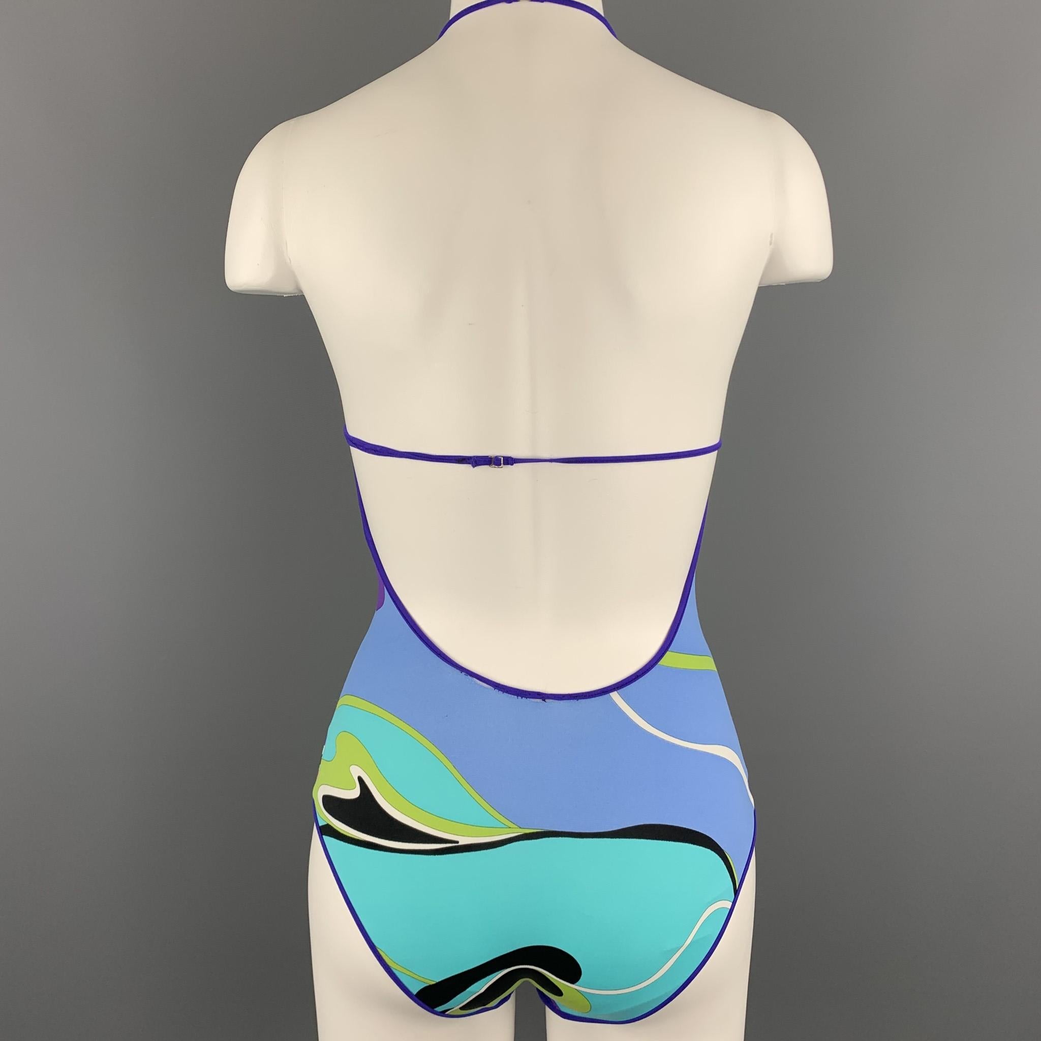 EMILIO PUCCI Size 4 Turquoise & Purple Print One Piece Halter Swimsuit 2