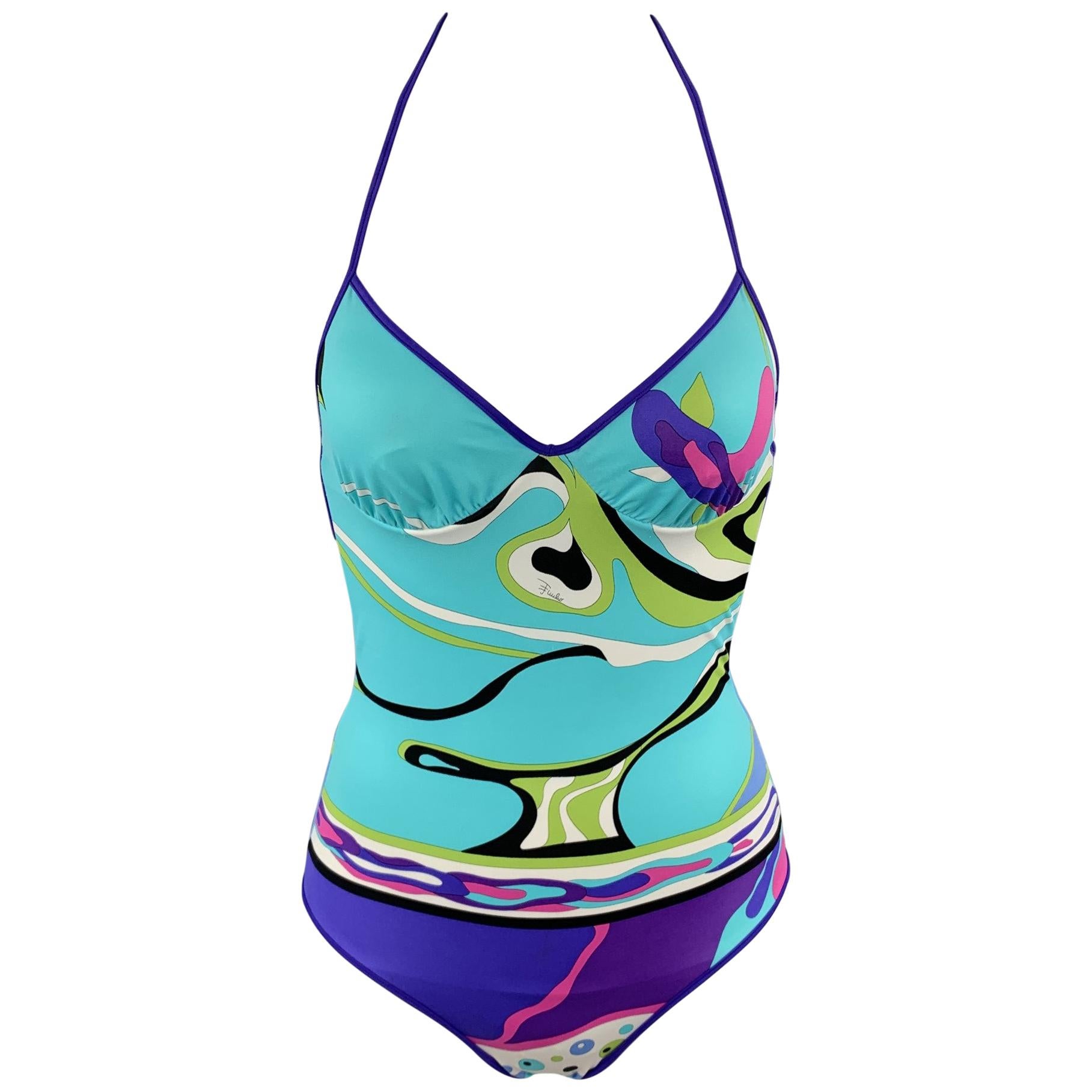 EMILIO PUCCI Size 4 Turquoise & Purple Print One Piece Halter Swimsuit