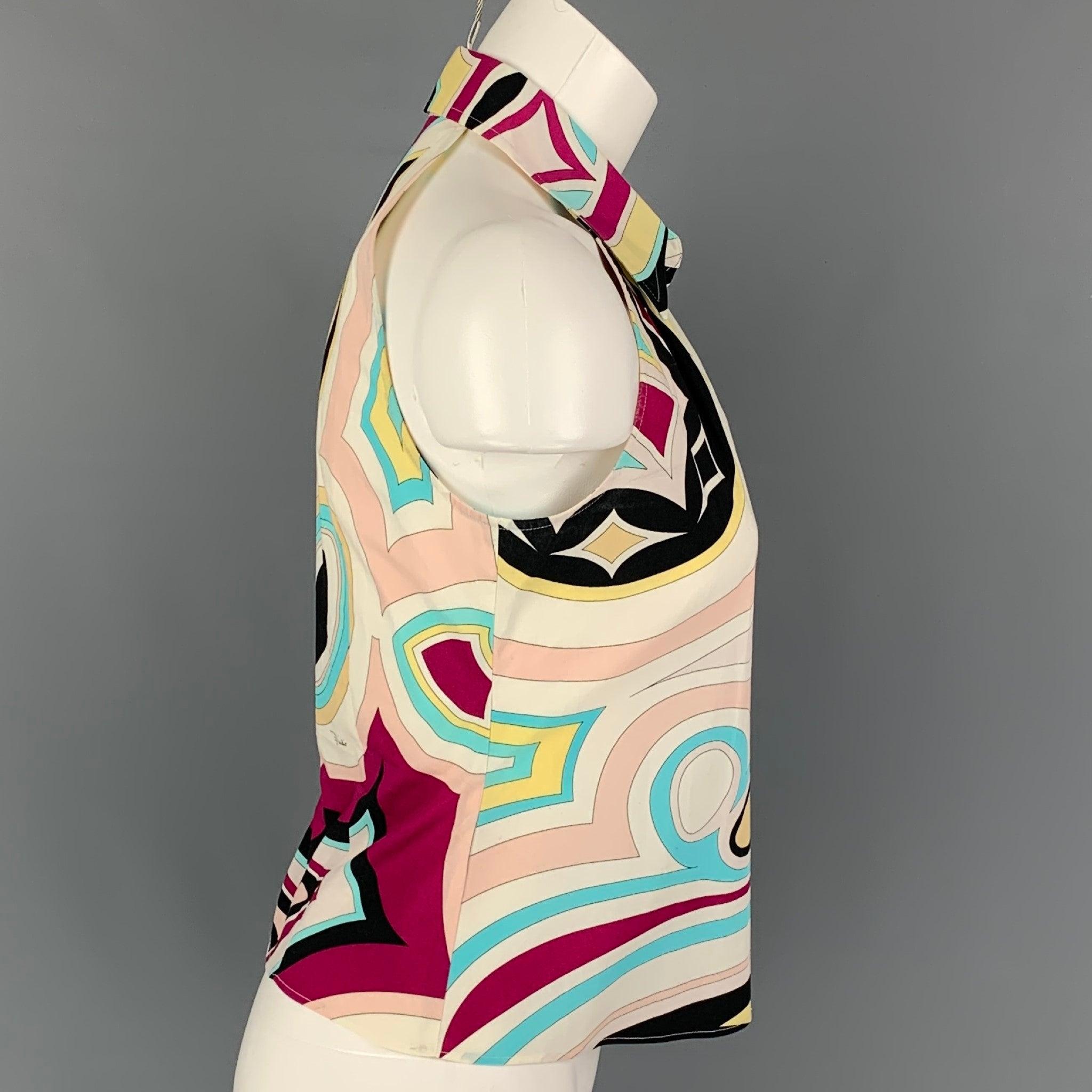 EMILIO PUCCI blouse comes in a multi-color abstract cotton featuring a sleeveless style, spread collar, and a button up closure. Made in Italy.
Good
Pre-Owned Condition. Light wear. As-Is.  

Marked:   I 40 / F 36 / US 6 / UK 8 

Measurements: 
 