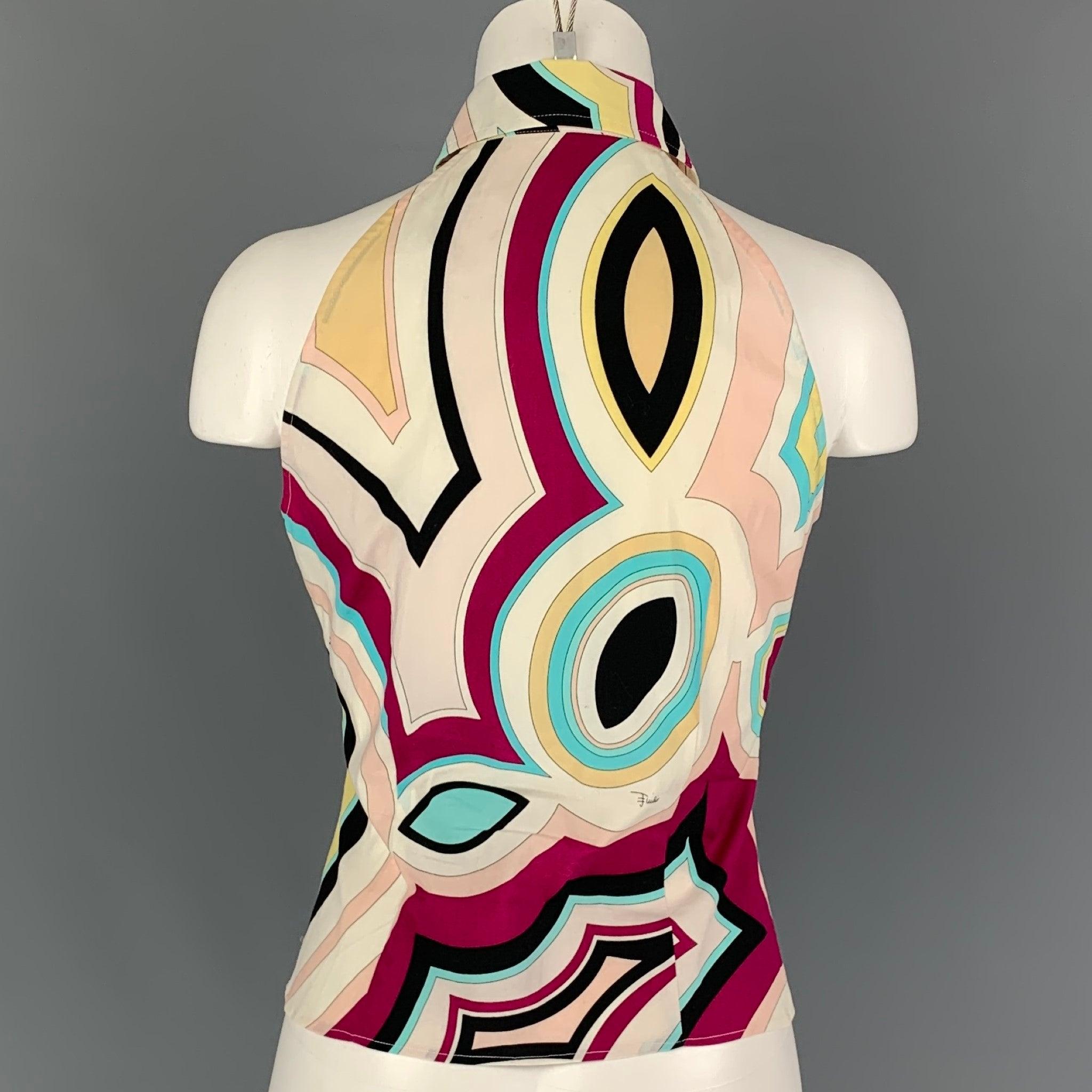 EMILIO PUCCI Size 6 Multi-Color Cotton Abstract Sleeveless Blouse In Good Condition In San Francisco, CA