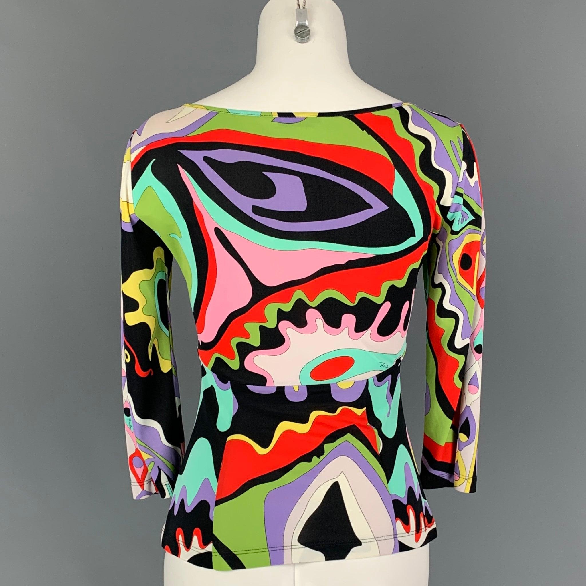 EMILIO PUCCI Size 6 Multi-Color Rayon Abstract Long Sleeve Dress Top In Good Condition For Sale In San Francisco, CA